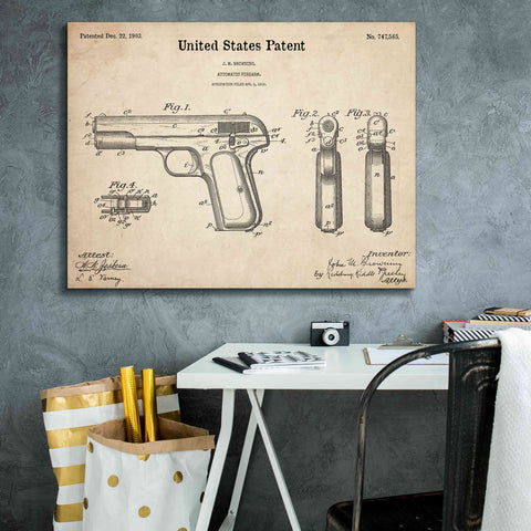 Image of 'Pistol Blueprint Patent Parchment,' Canvas Wall Art,34 x 26