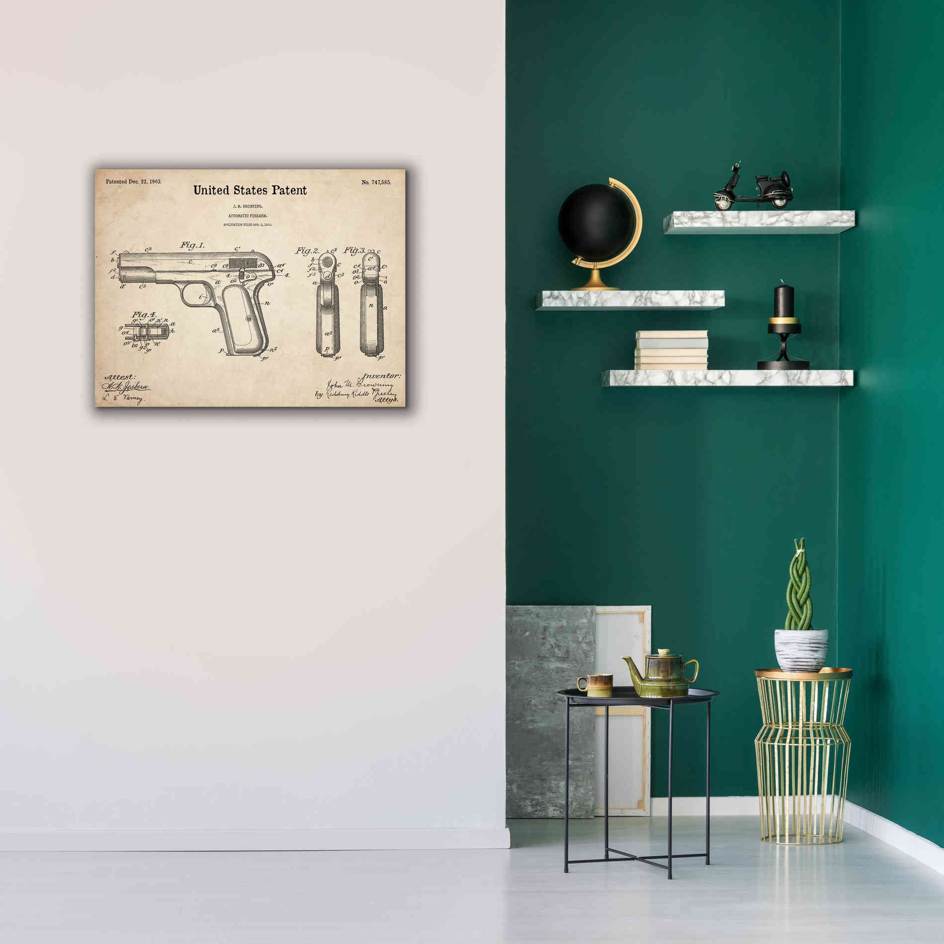 'Pistol Blueprint Patent Parchment,' Canvas Wall Art,34 x 26