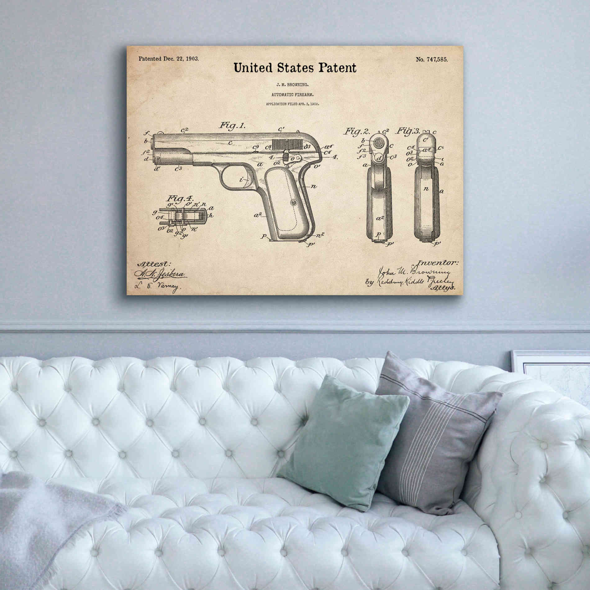 'Pistol Blueprint Patent Parchment,' Canvas Wall Art,54 x 40