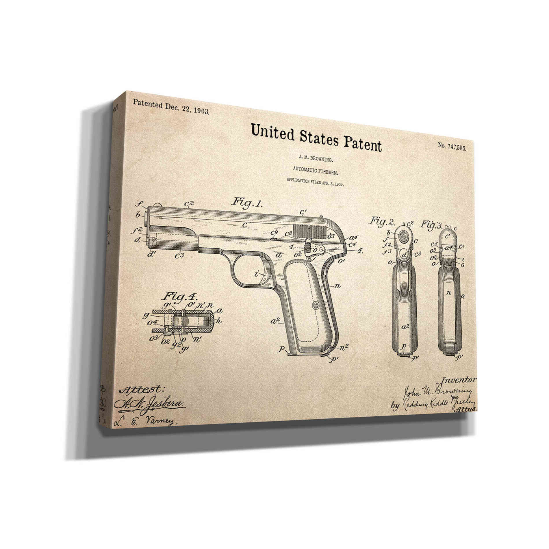 'Pistol Blueprint Patent Parchment,' Canvas Wall Art,16x12x1.1x0,26x18x1.1x0,34x26x1.74x0,54x40x1.74x0