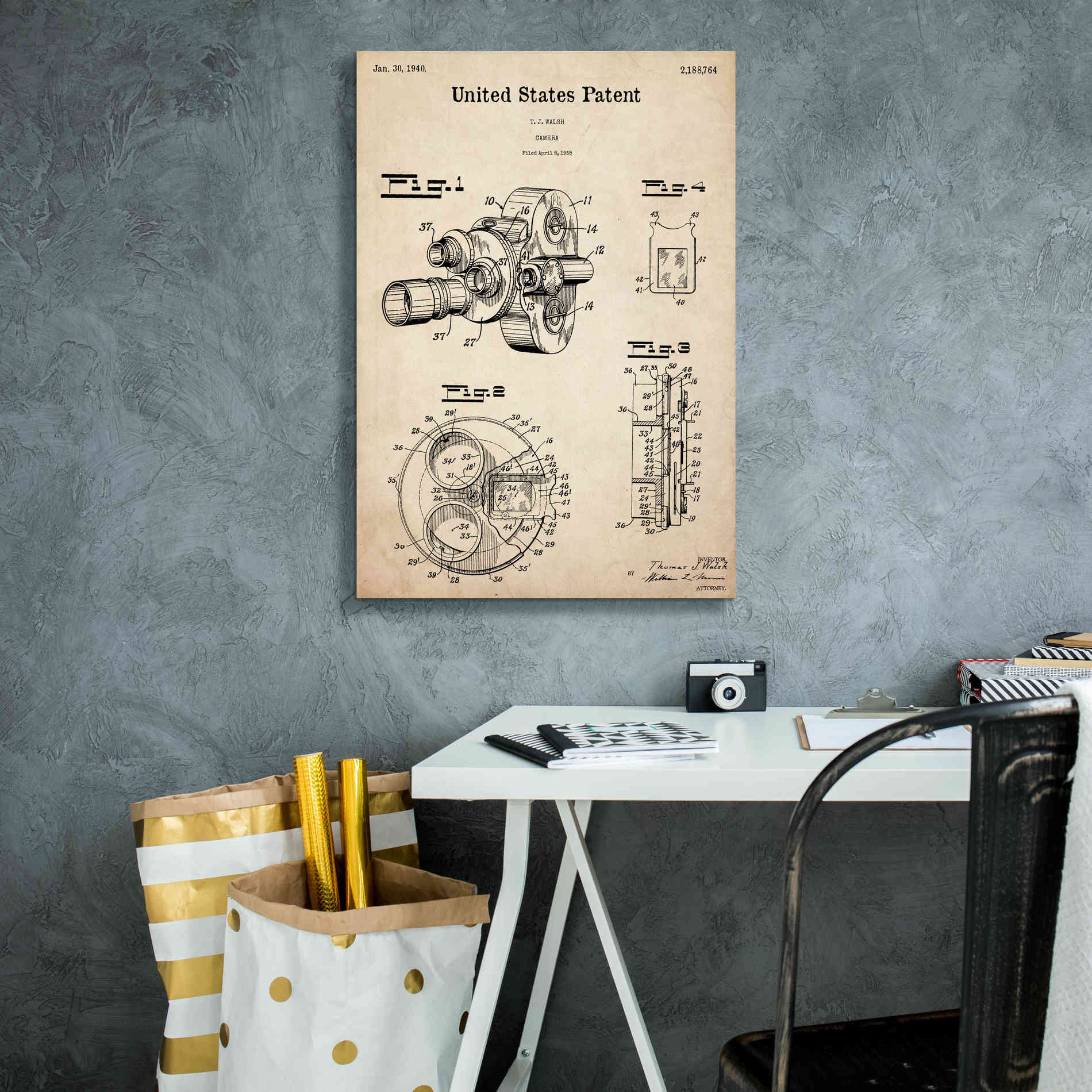 'Film Camera Blueprint Patent Parchment,' Canvas Wall Art,18 x 26