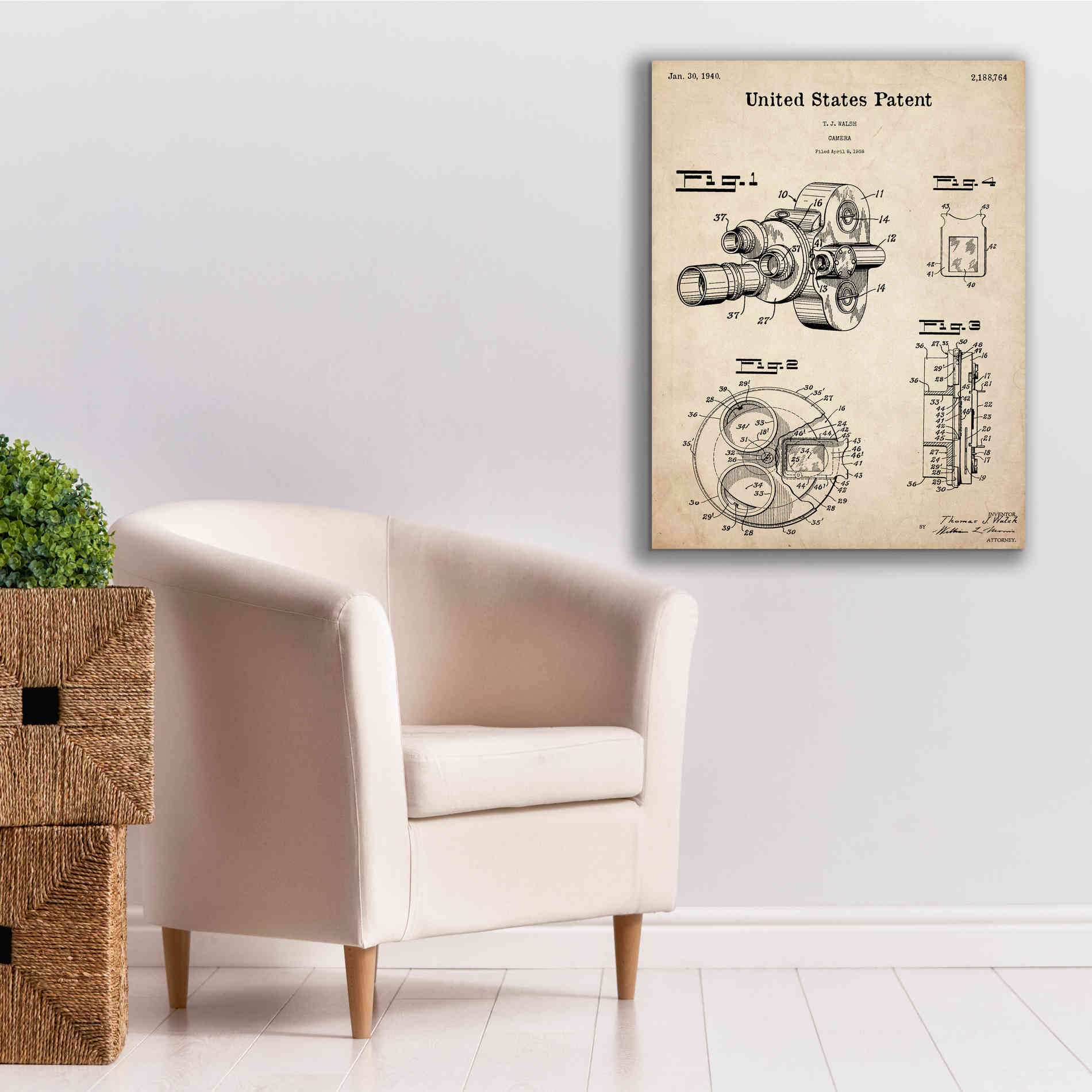 'Film Camera Blueprint Patent Parchment,' Canvas Wall Art,26 x 34