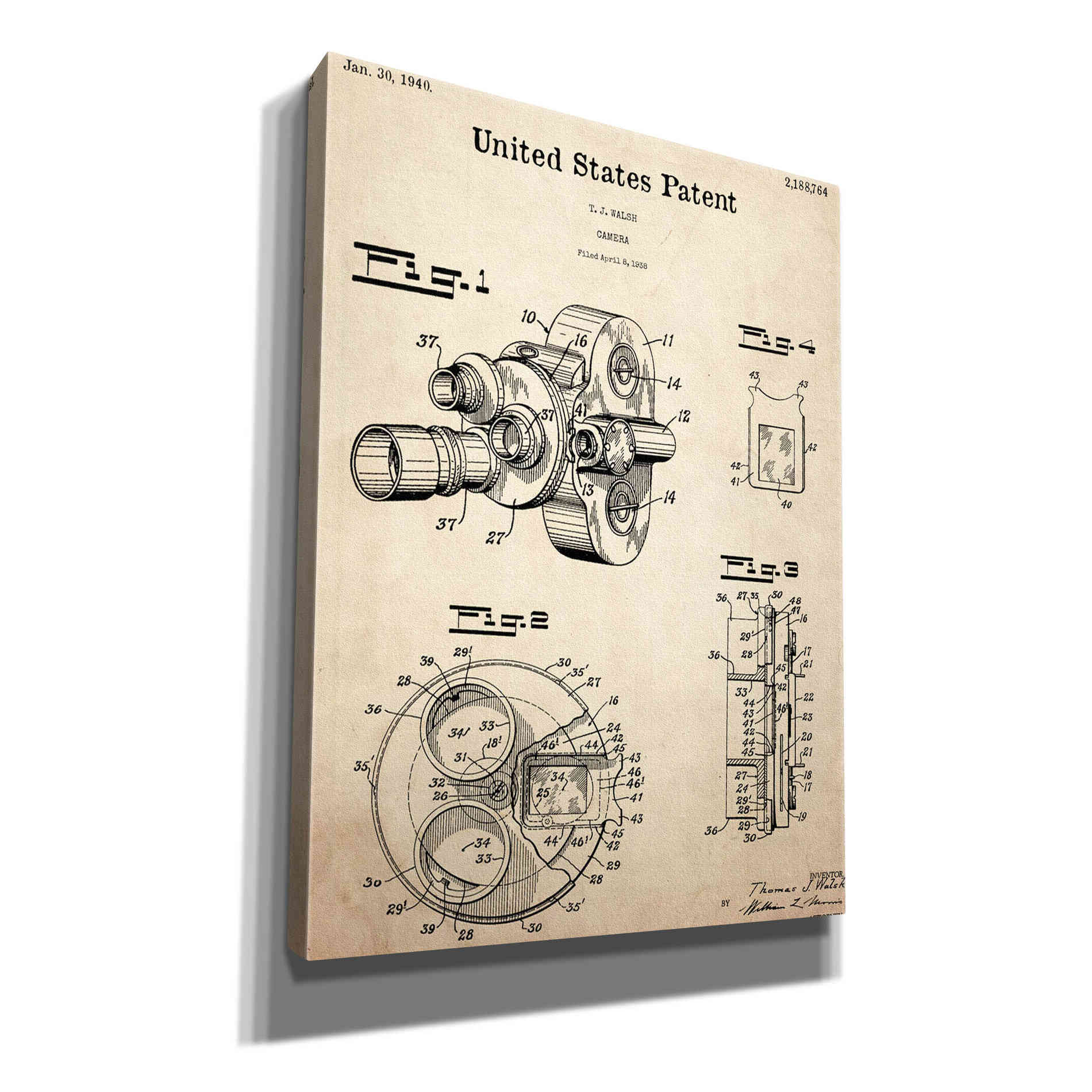 'Film Camera Blueprint Patent Parchment,' Canvas Wall Art,12x16x1.1x0,18x26x1.1x0,26x34x1.74x0,40x54x1.74x0
