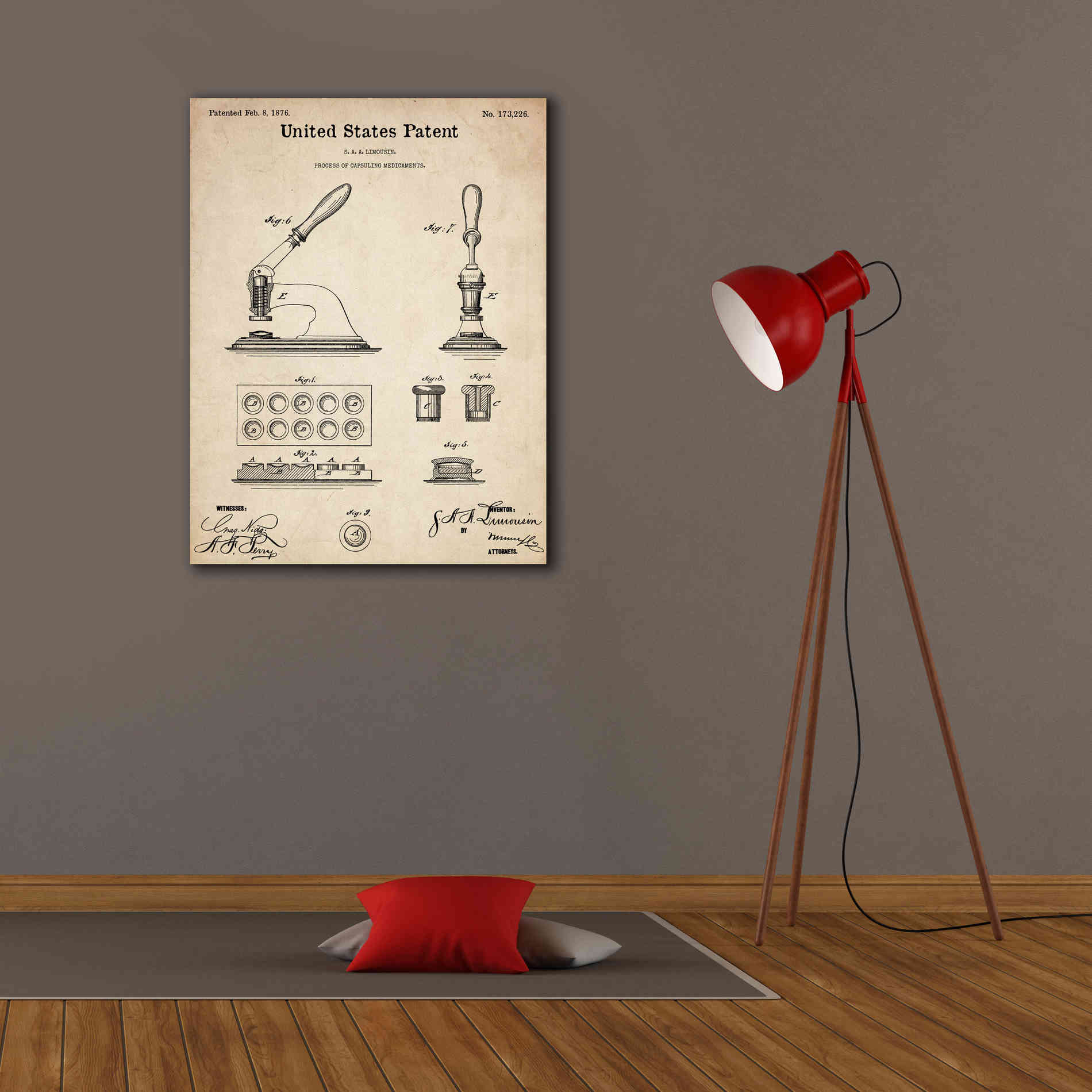 'Capsuling Medicine Blueprint Patent Parchment,' Canvas Wall Art,26 x 34