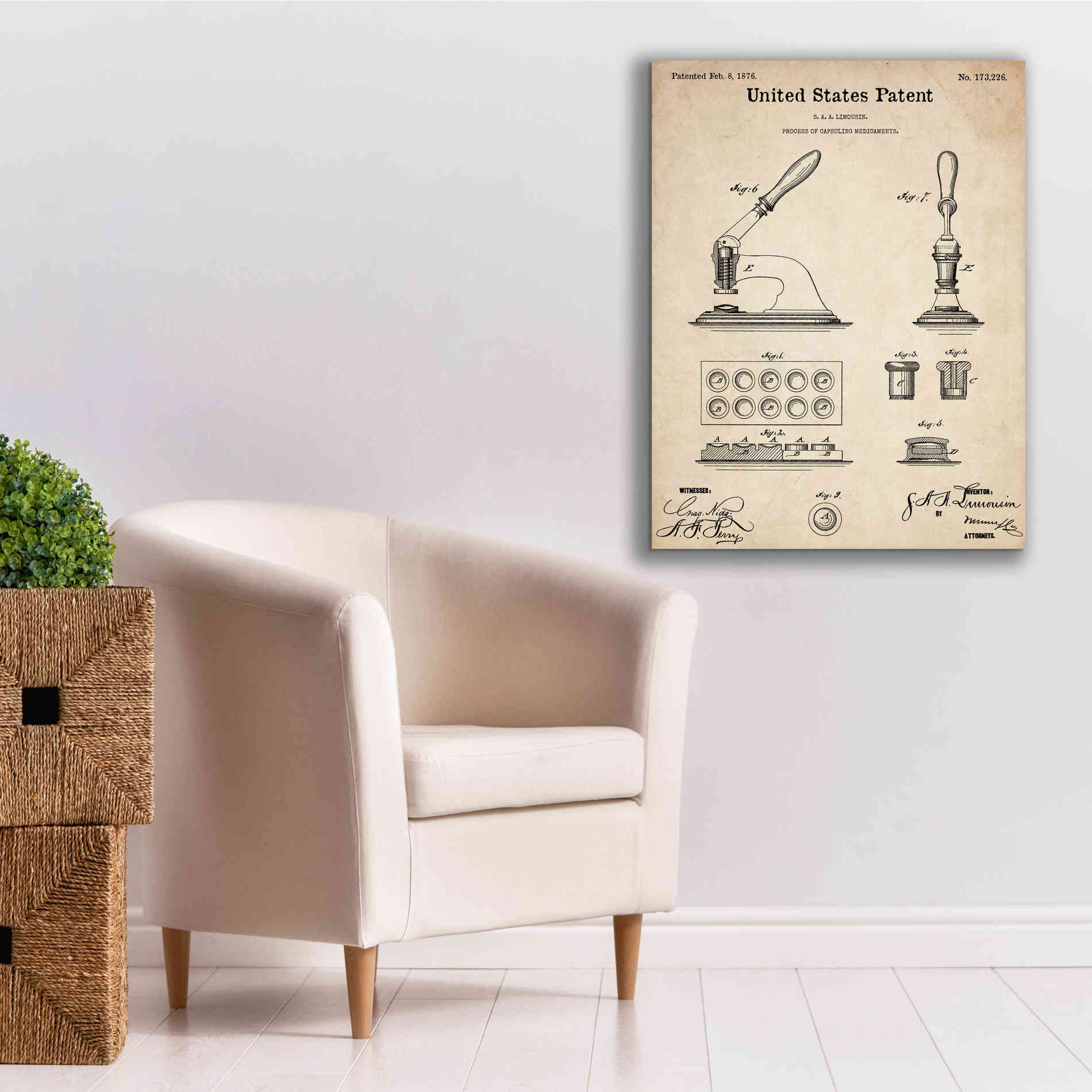 'Capsuling Medicine Blueprint Patent Parchment,' Canvas Wall Art,26 x 34
