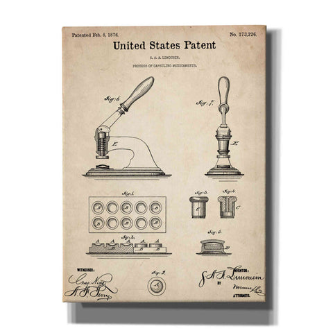 Image of 'Capsuling Medicine Blueprint Patent Parchment,' Canvas Wall Art,12x16x1.1x0,18x26x1.1x0,26x34x1.74x0,40x54x1.74x0