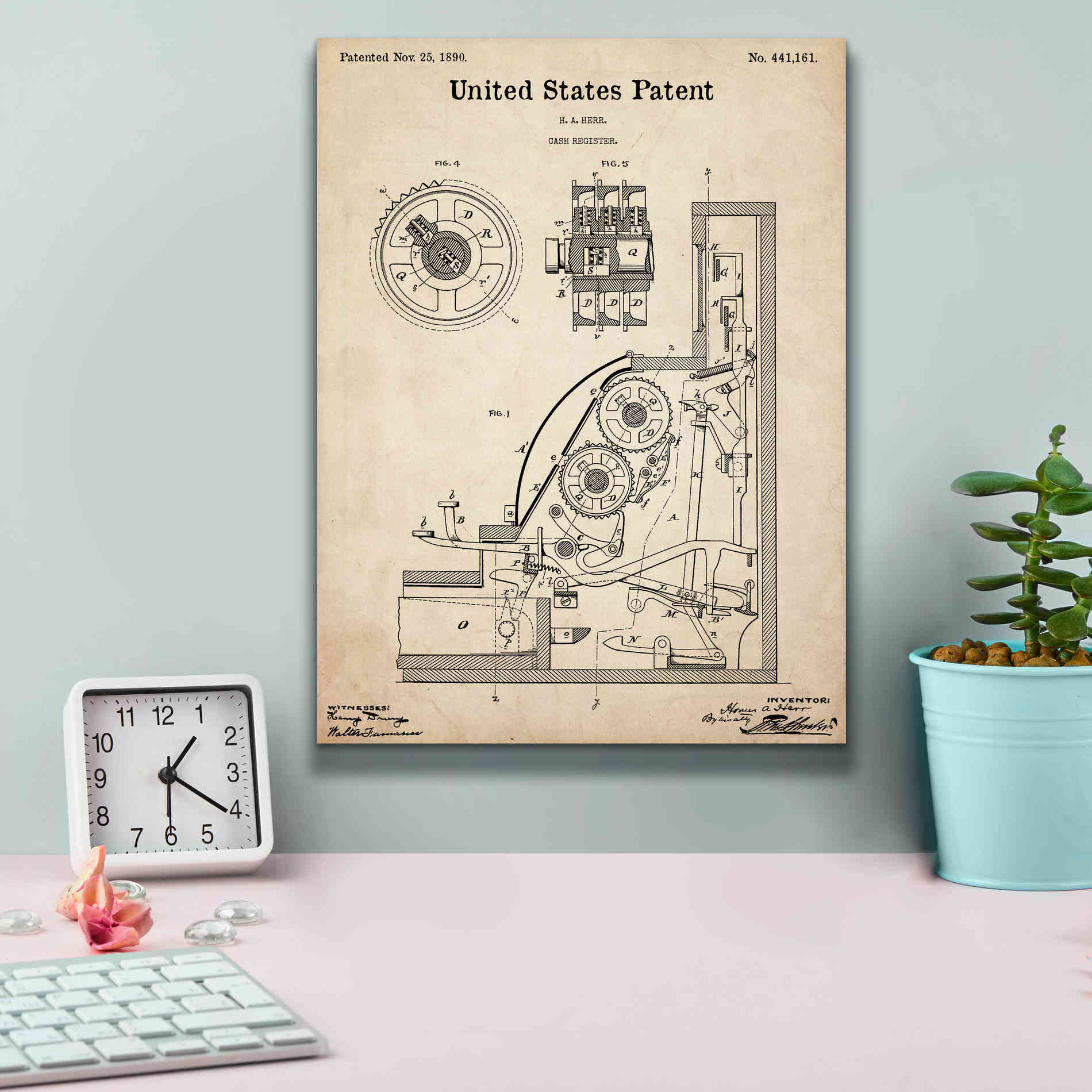 'Cash Register Blueprint Patent Parchment,' Canvas Wall Art,12 x 16