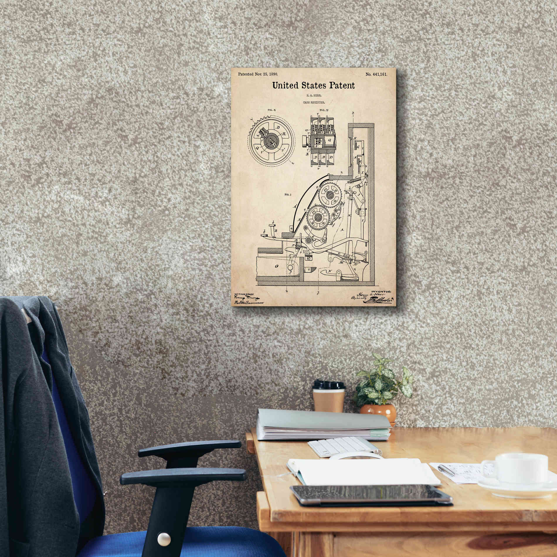 'Cash Register Blueprint Patent Parchment,' Canvas Wall Art,18 x 26