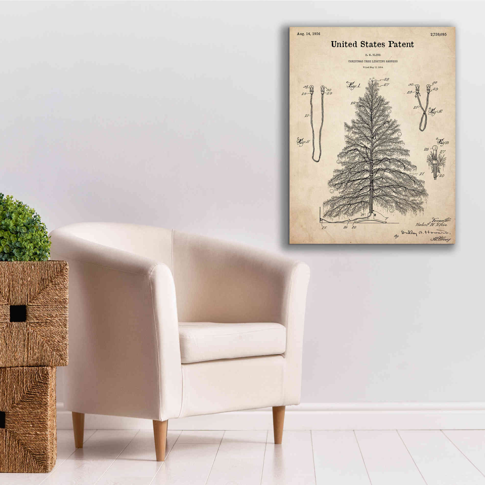 'Artificial Christmas Tree Blueprint Patent Parchment,' Canvas Wall Art,26 x 34