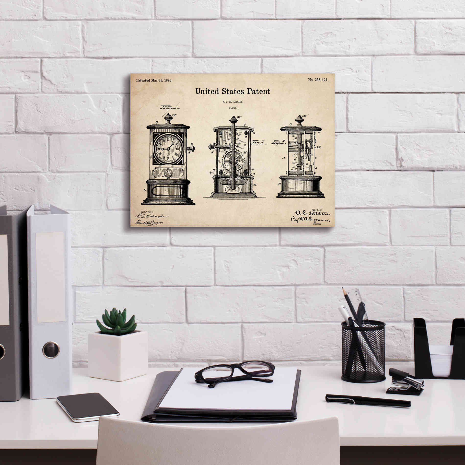 'Clock Blueprint Patent Parchment,' Canvas Wall Art,16 x 12