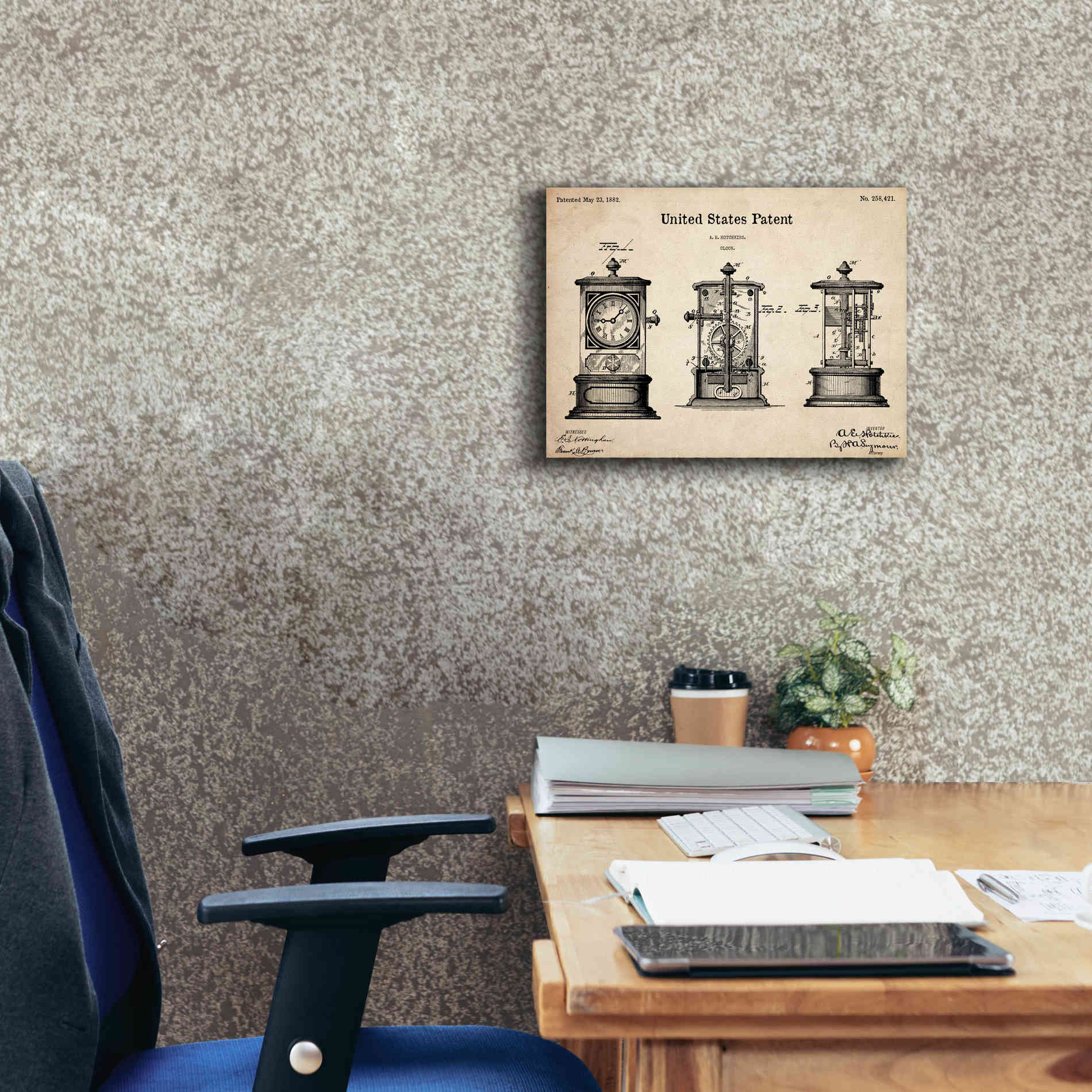 'Clock Blueprint Patent Parchment,' Canvas Wall Art,16 x 12