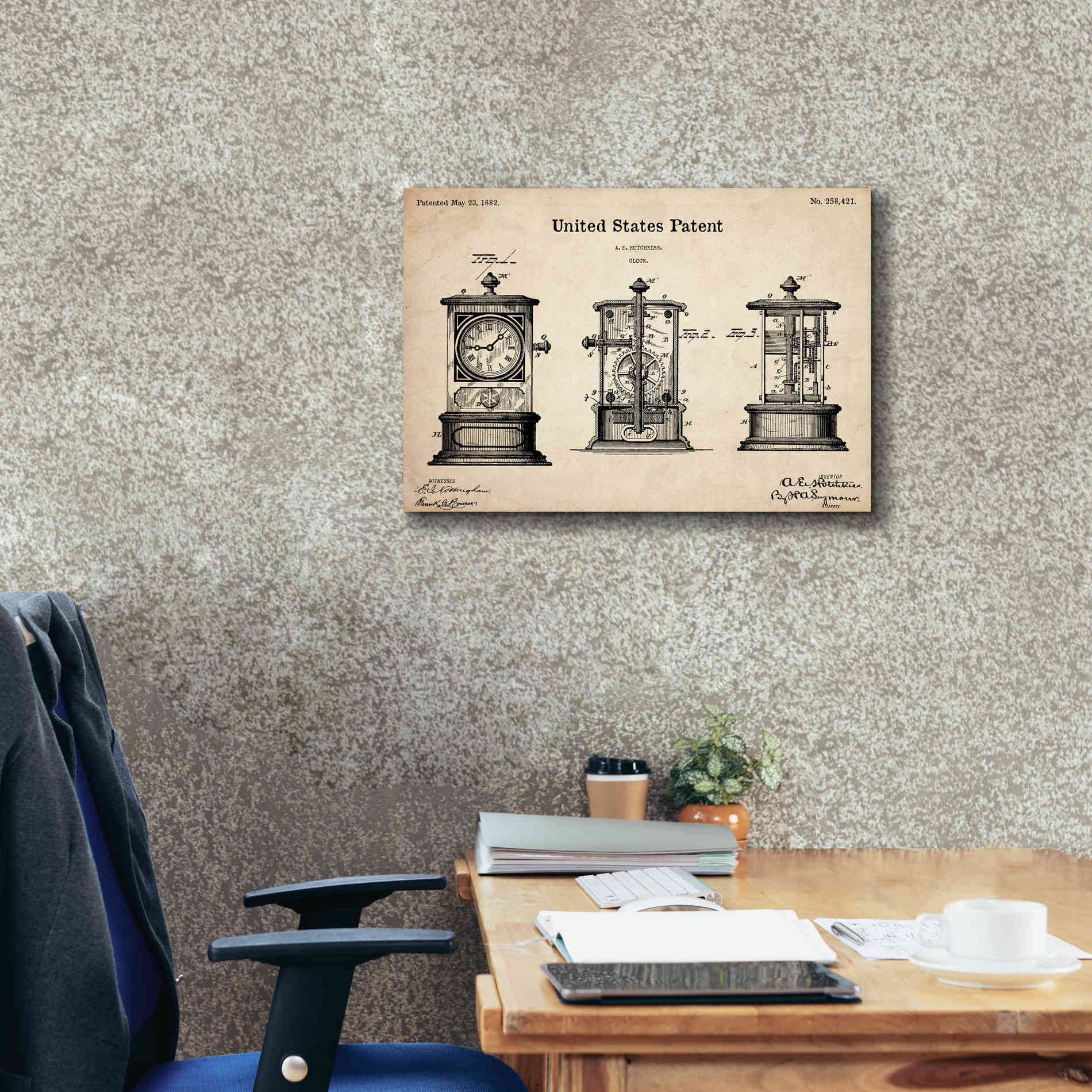 'Clock Blueprint Patent Parchment,' Canvas Wall Art,26 x 18