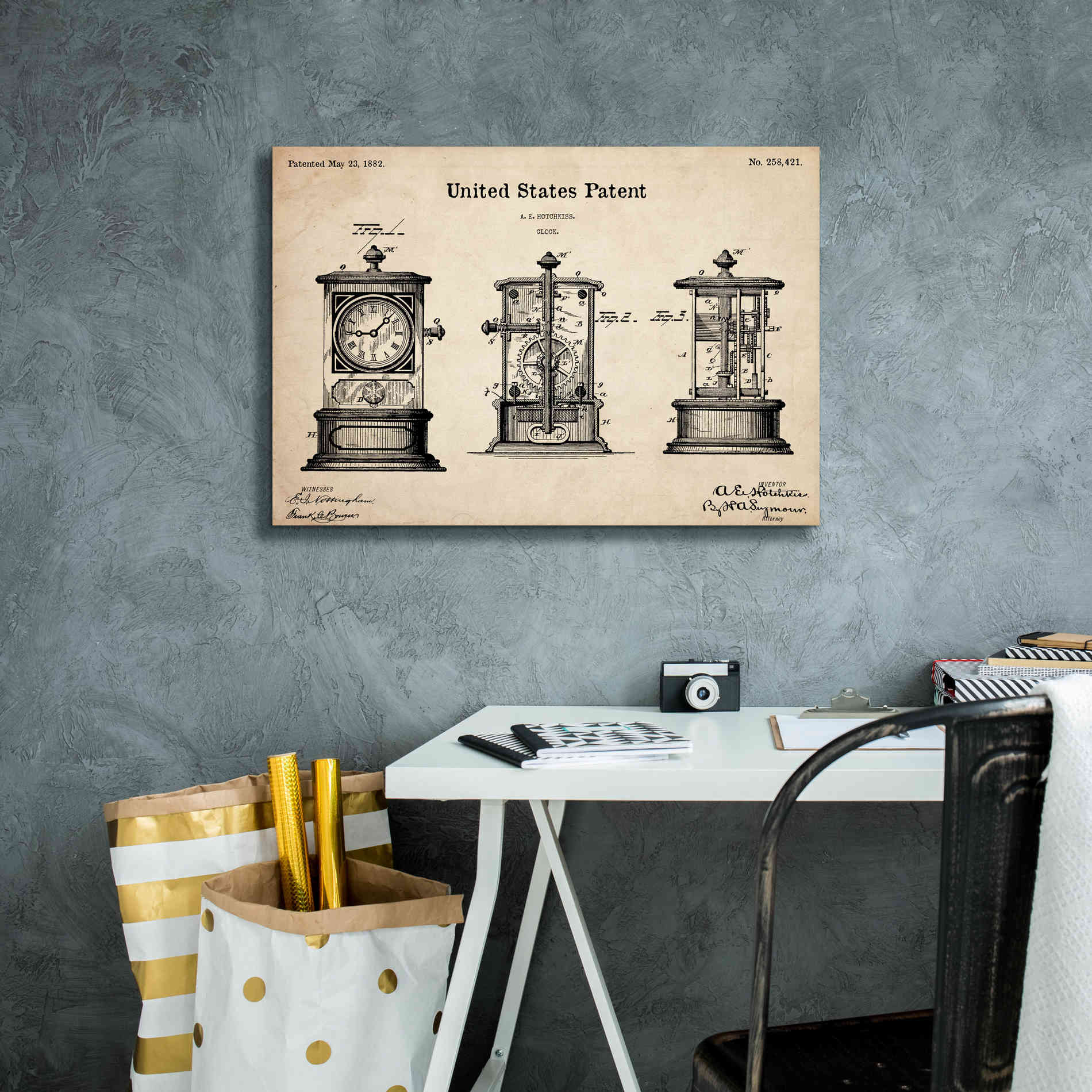 'Clock Blueprint Patent Parchment,' Canvas Wall Art,26 x 18