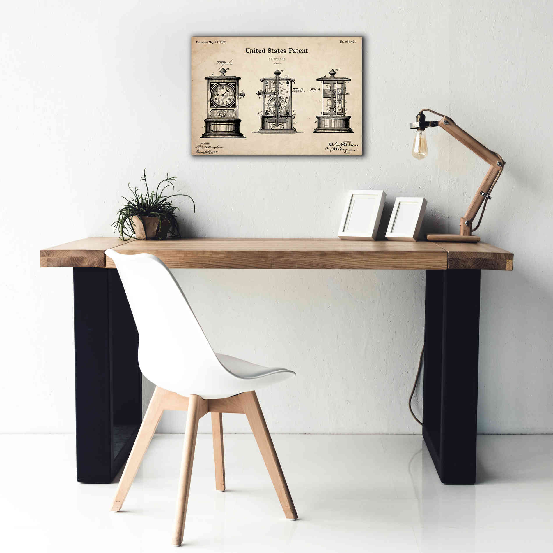 'Clock Blueprint Patent Parchment,' Canvas Wall Art,26 x 18
