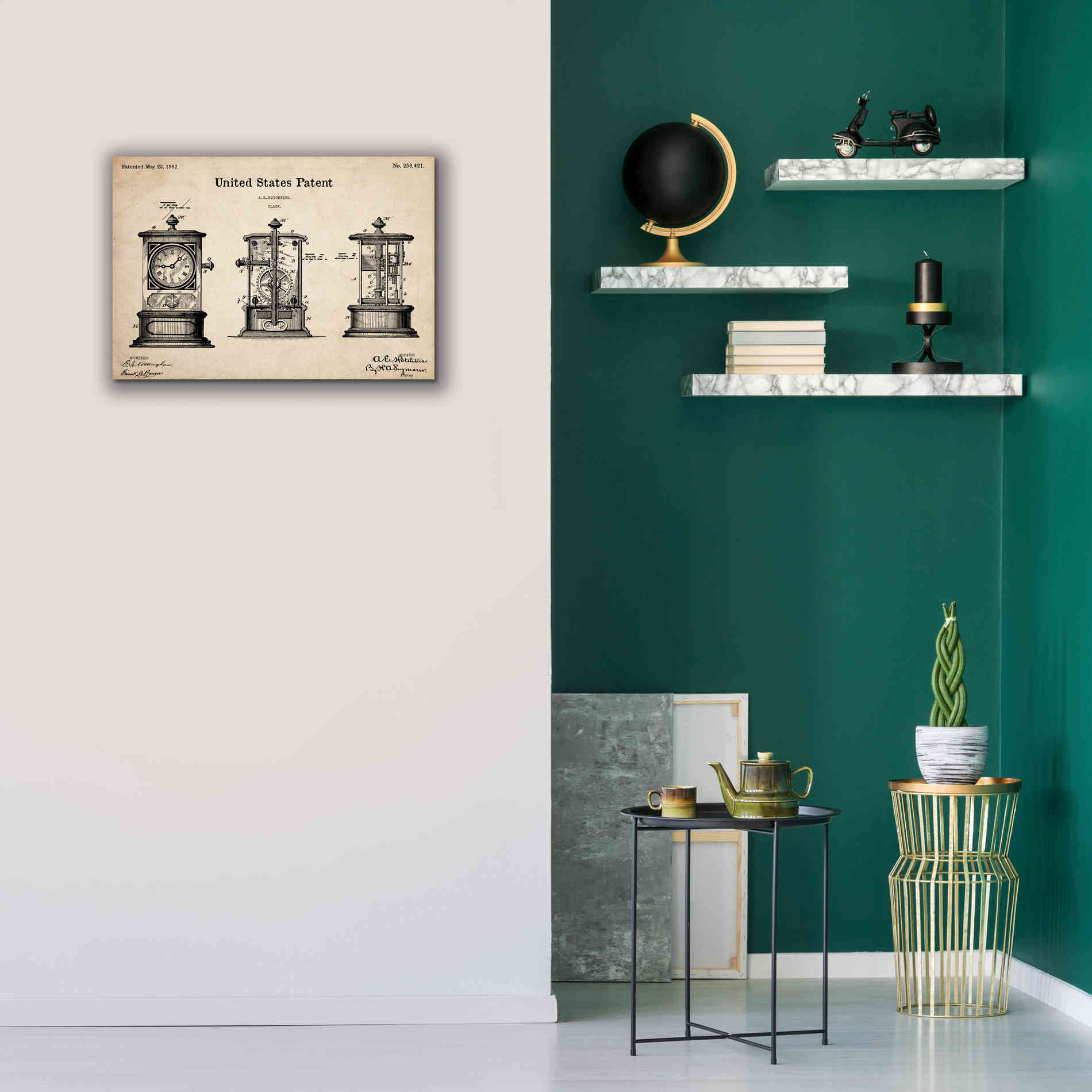 'Clock Blueprint Patent Parchment,' Canvas Wall Art,26 x 18