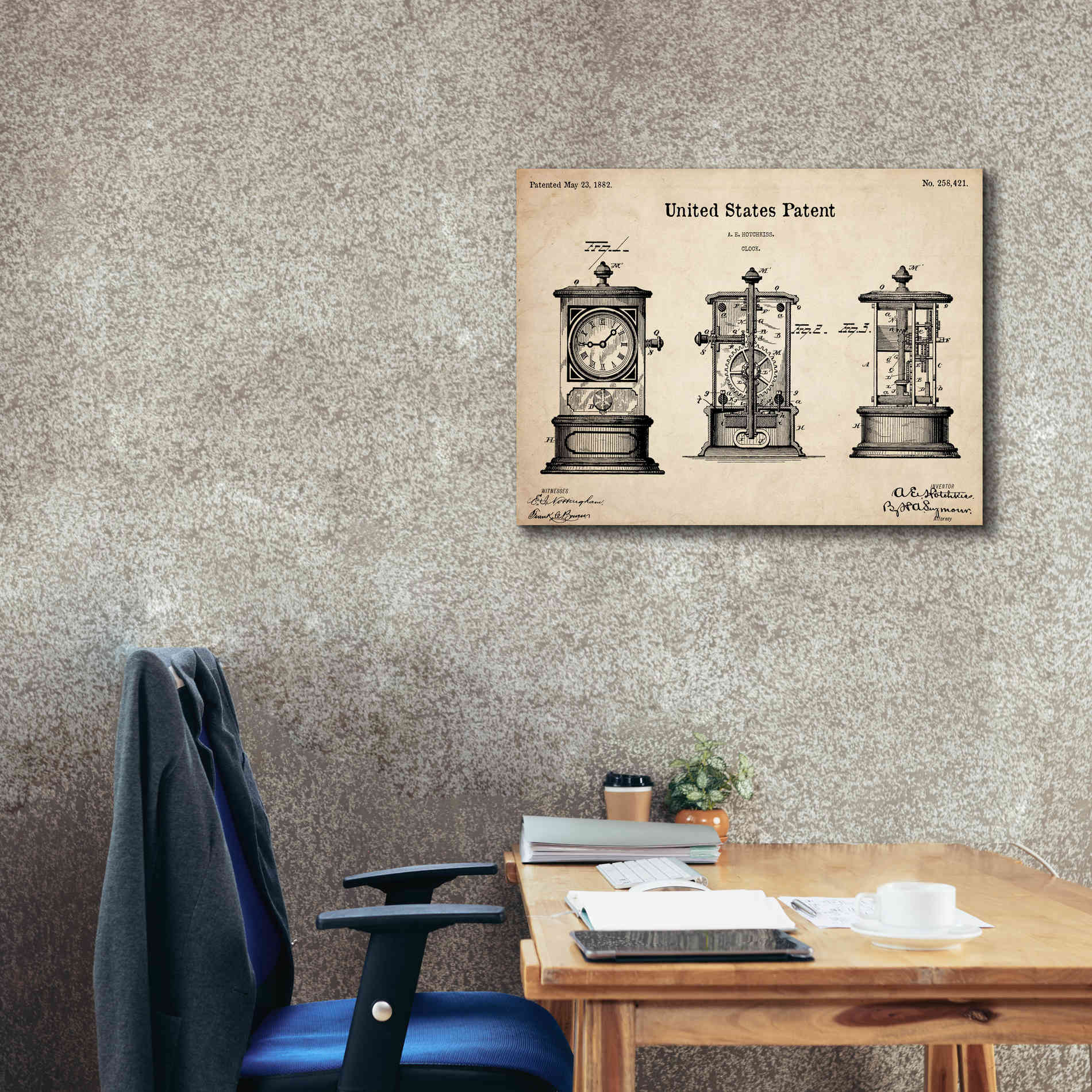 'Clock Blueprint Patent Parchment,' Canvas Wall Art,34 x 26