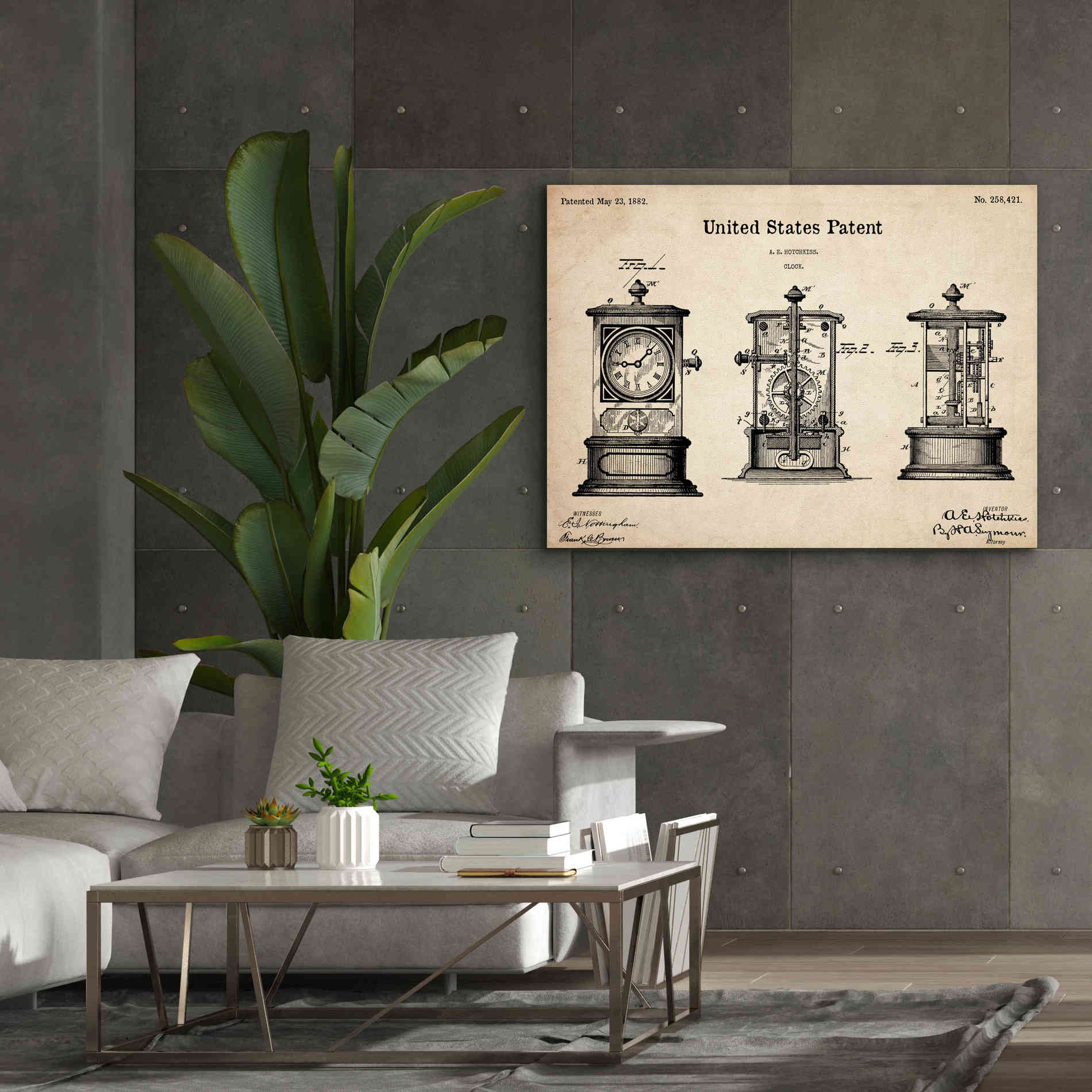 'Clock Blueprint Patent Parchment,' Canvas Wall Art,54 x 40