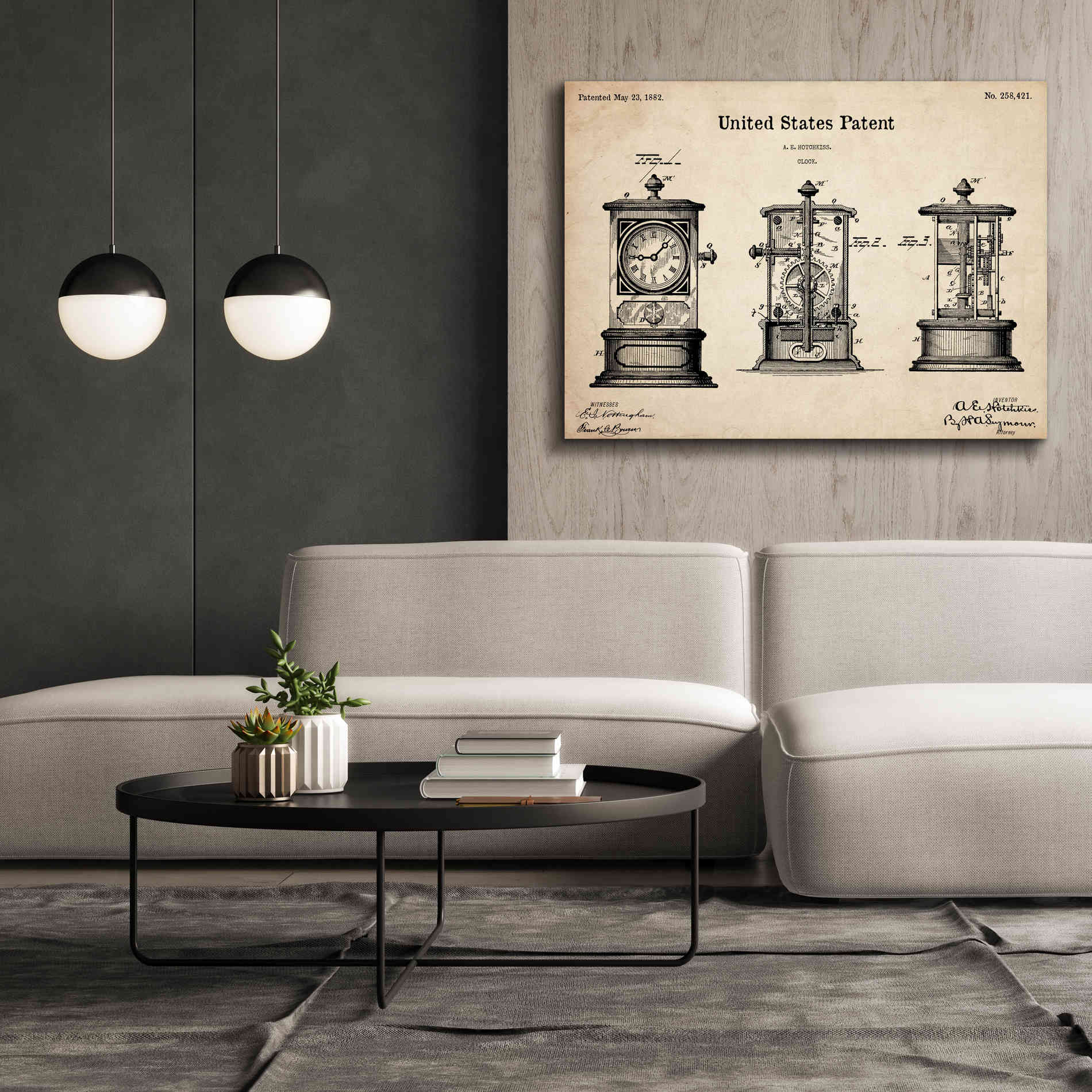 'Clock Blueprint Patent Parchment,' Canvas Wall Art,54 x 40