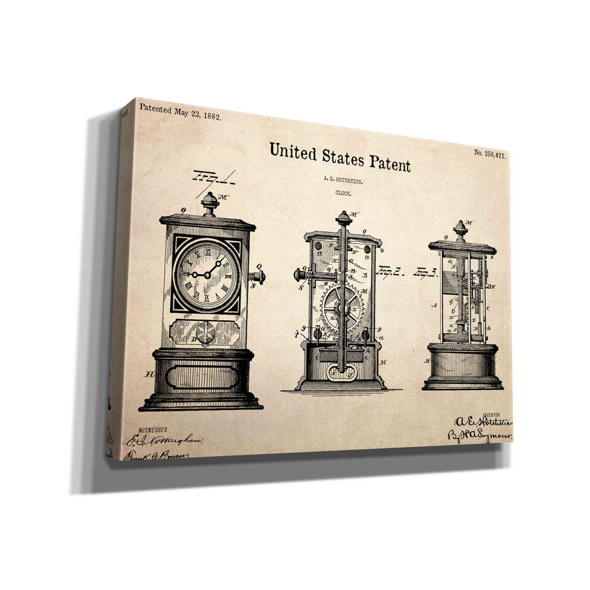 'Clock Blueprint Patent Parchment,' Canvas Wall Art,16x12x1.1x0,26x18x1.1x0,34x26x1.74x0,54x40x1.74x0