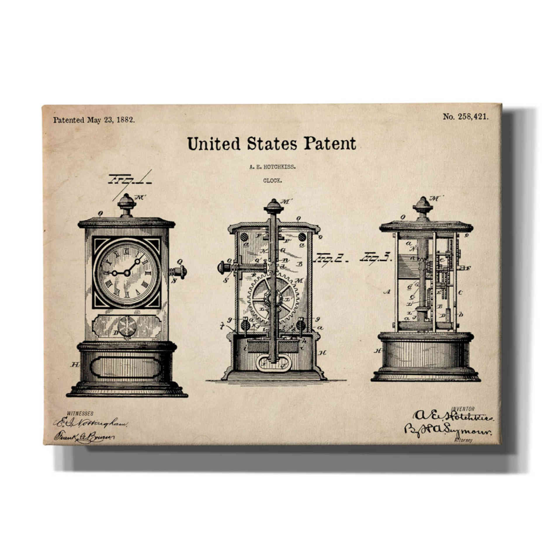'Clock Blueprint Patent Parchment,' Canvas Wall Art,16x12x1.1x0,26x18x1.1x0,34x26x1.74x0,54x40x1.74x0