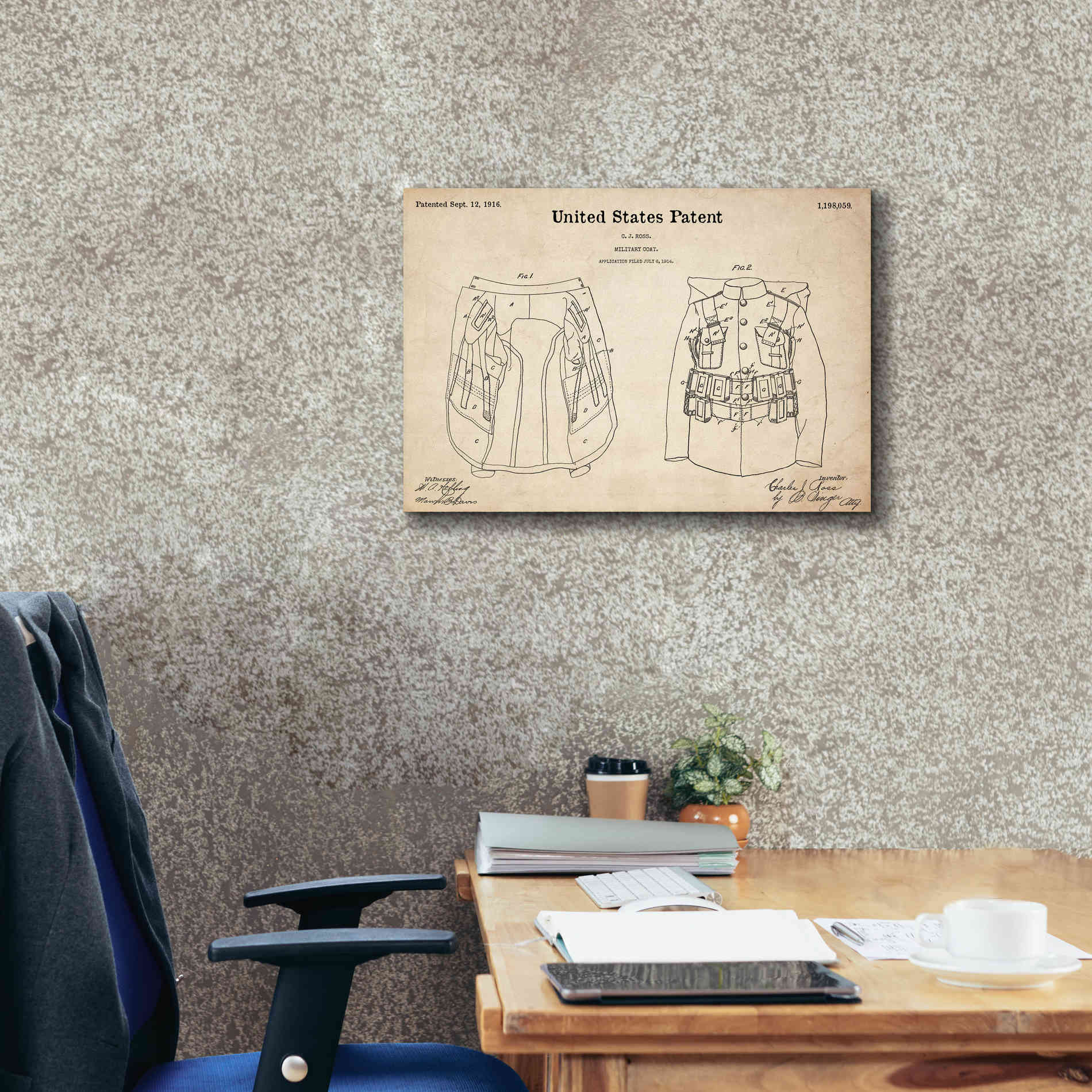 'Military Coat Blueprint Patent Parchment,' Canvas Wall Art,26 x 18