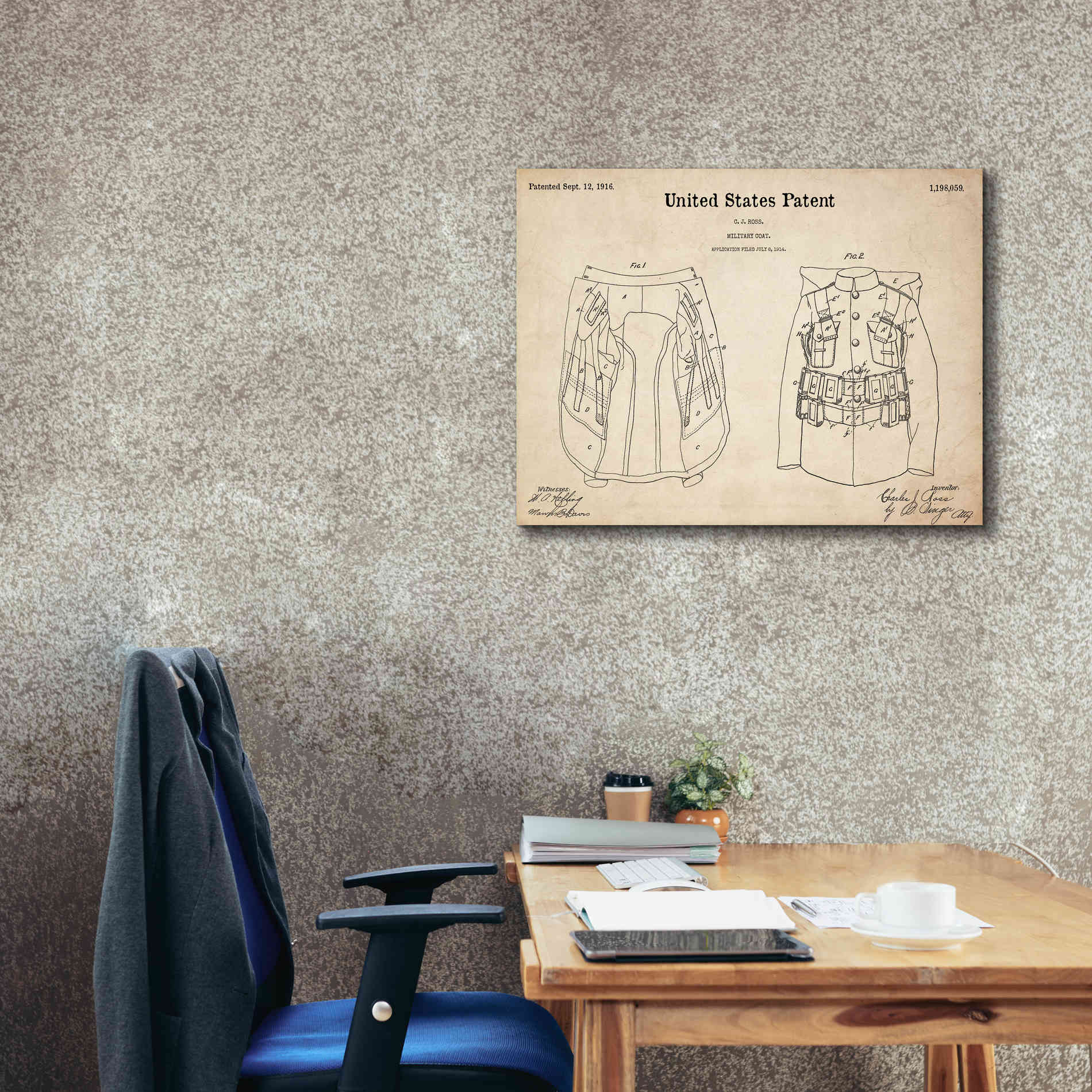 'Military Coat Blueprint Patent Parchment,' Canvas Wall Art,34 x 26