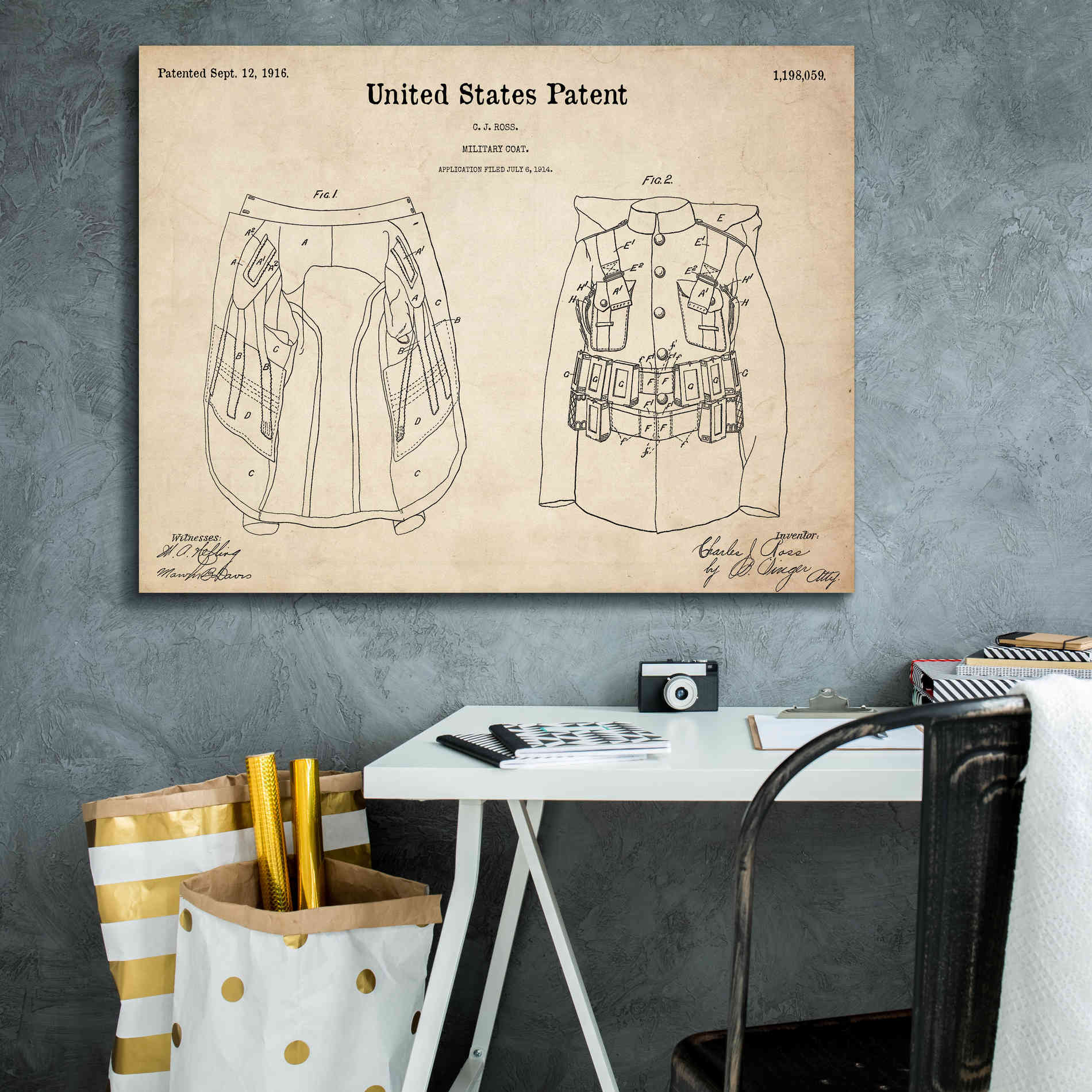 'Military Coat Blueprint Patent Parchment,' Canvas Wall Art,34 x 26