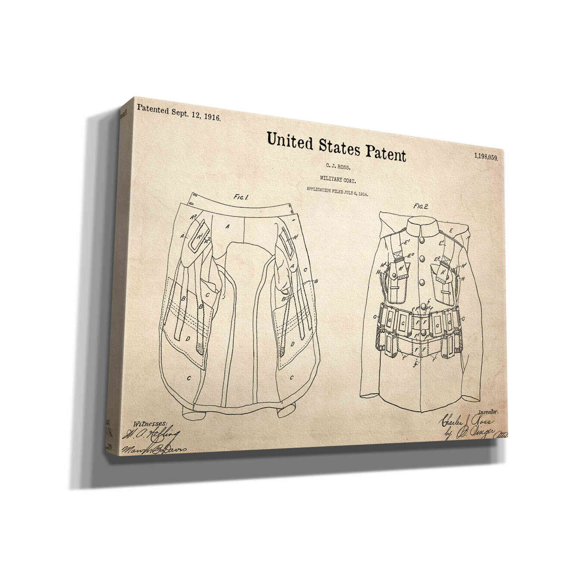 'Military Coat Blueprint Patent Parchment,' Canvas Wall Art,16x12x1.1x0,26x18x1.1x0,34x26x1.74x0,54x40x1.74x0