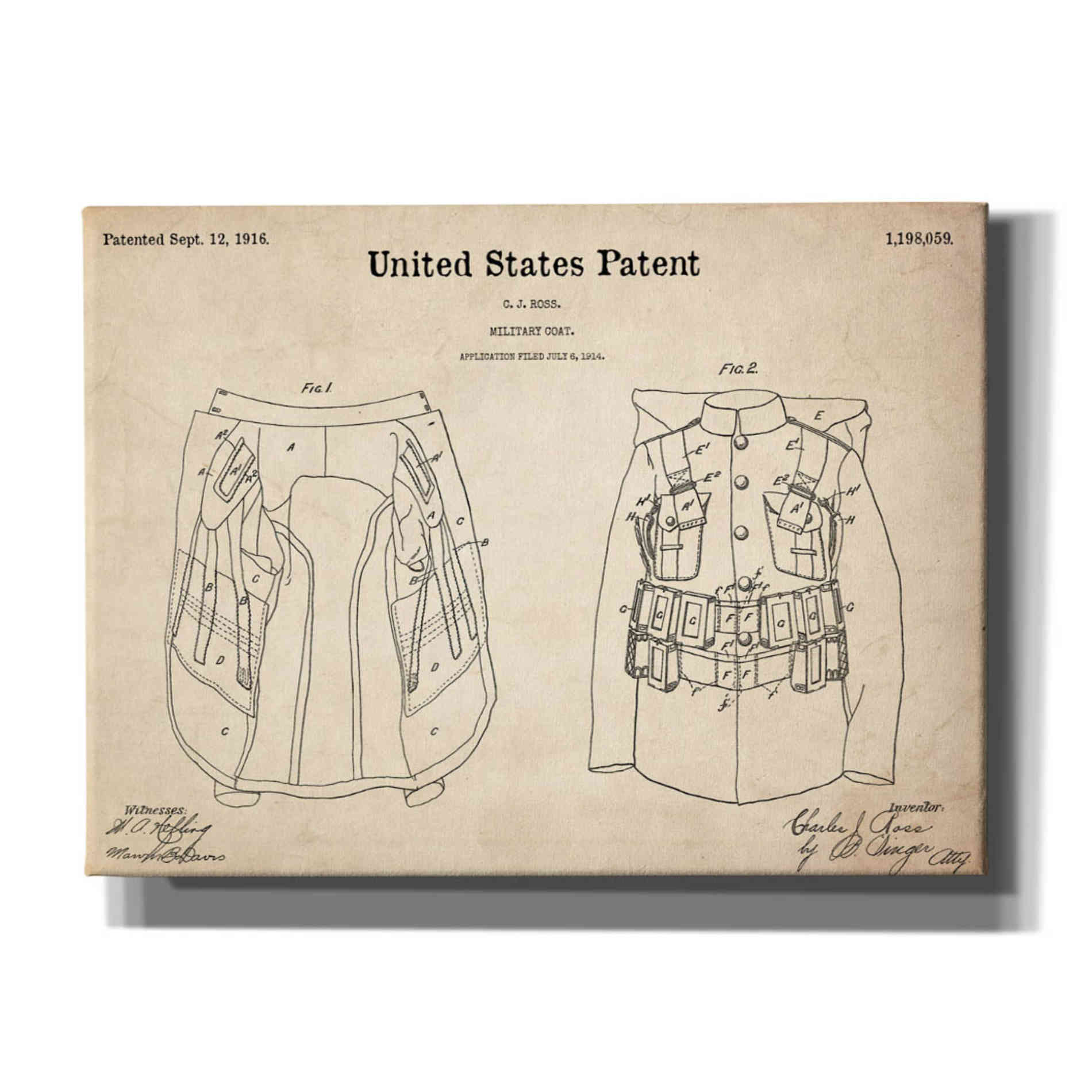 'Military Coat Blueprint Patent Parchment,' Canvas Wall Art,16x12x1.1x0,26x18x1.1x0,34x26x1.74x0,54x40x1.74x0