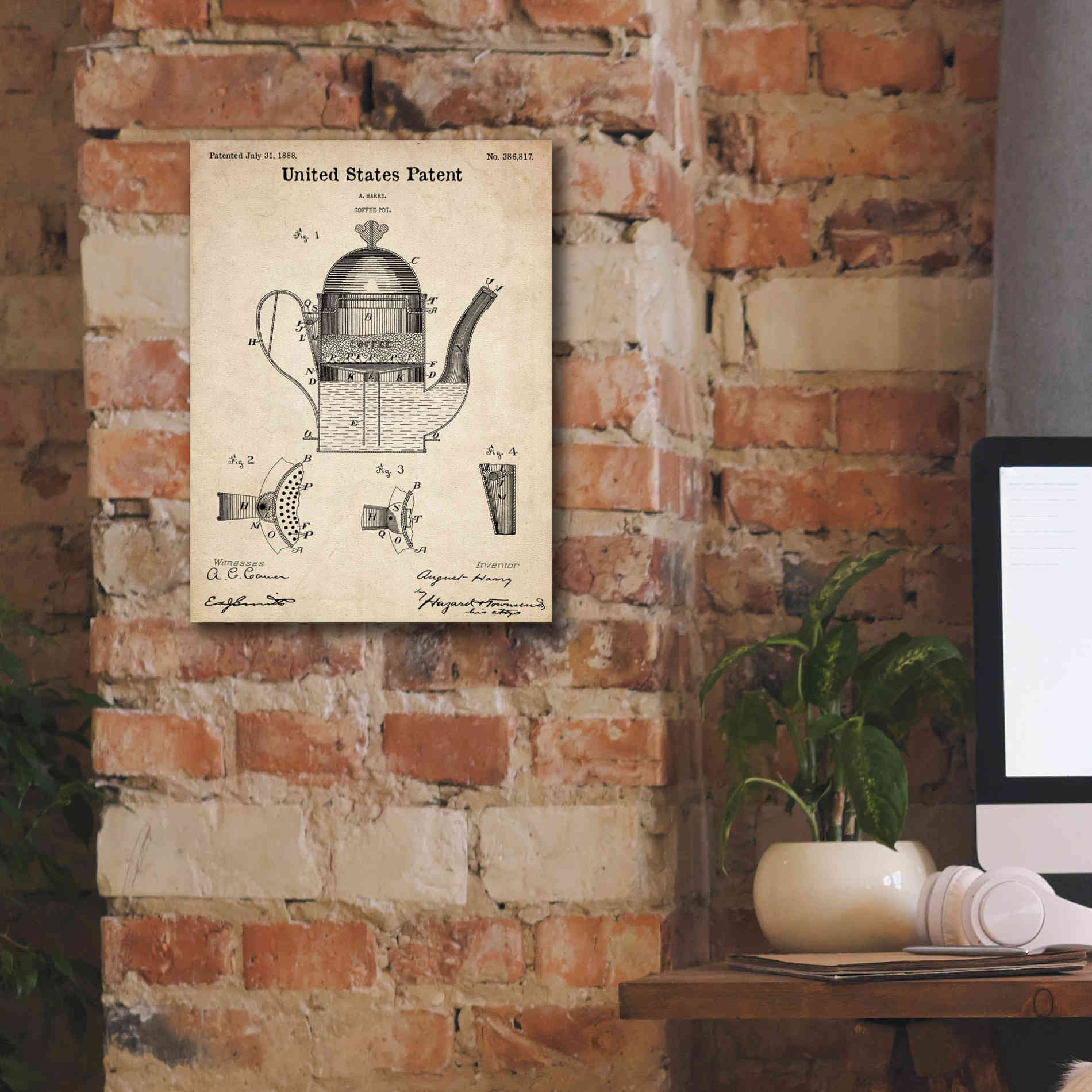 'Coffee Pot Blueprint Patent Parchment,' Canvas Wall Art,12 x 16