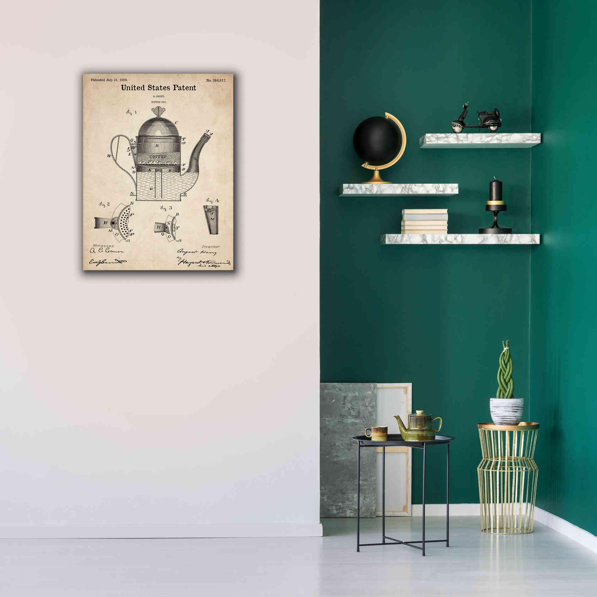 'Coffee Pot Blueprint Patent Parchment,' Canvas Wall Art,26 x 34