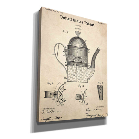 Image of 'Coffee Pot Blueprint Patent Parchment,' Canvas Wall Art,12x16x1.1x0,18x26x1.1x0,26x34x1.74x0,40x54x1.74x0