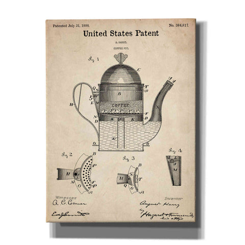 Image of 'Coffee Pot Blueprint Patent Parchment,' Canvas Wall Art,12x16x1.1x0,18x26x1.1x0,26x34x1.74x0,40x54x1.74x0