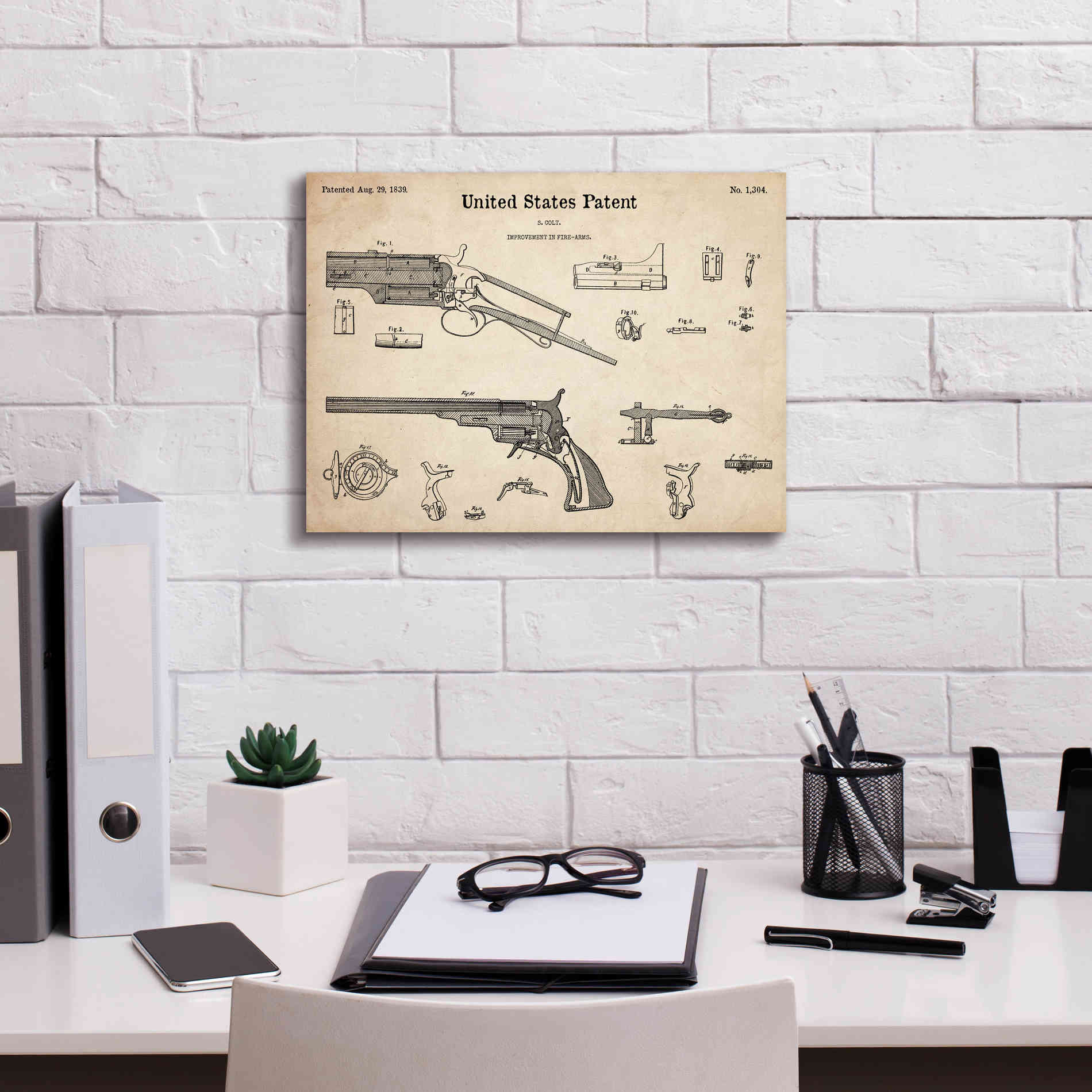 'Colt Revolver Blueprint Patent Parchment,' Canvas Wall Art,16 x 12