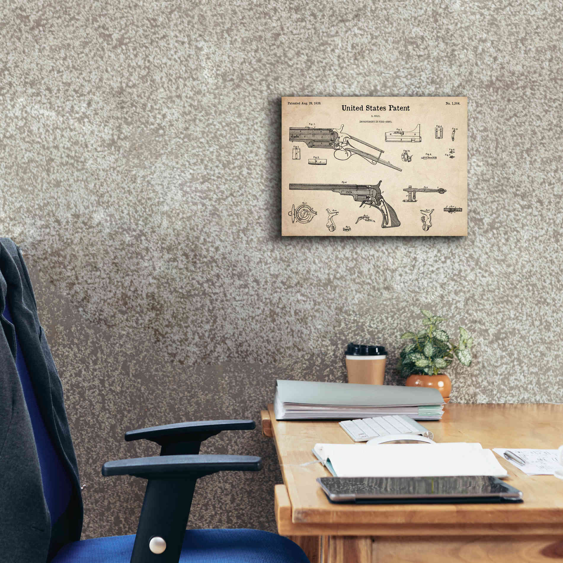 'Colt Revolver Blueprint Patent Parchment,' Canvas Wall Art,16 x 12