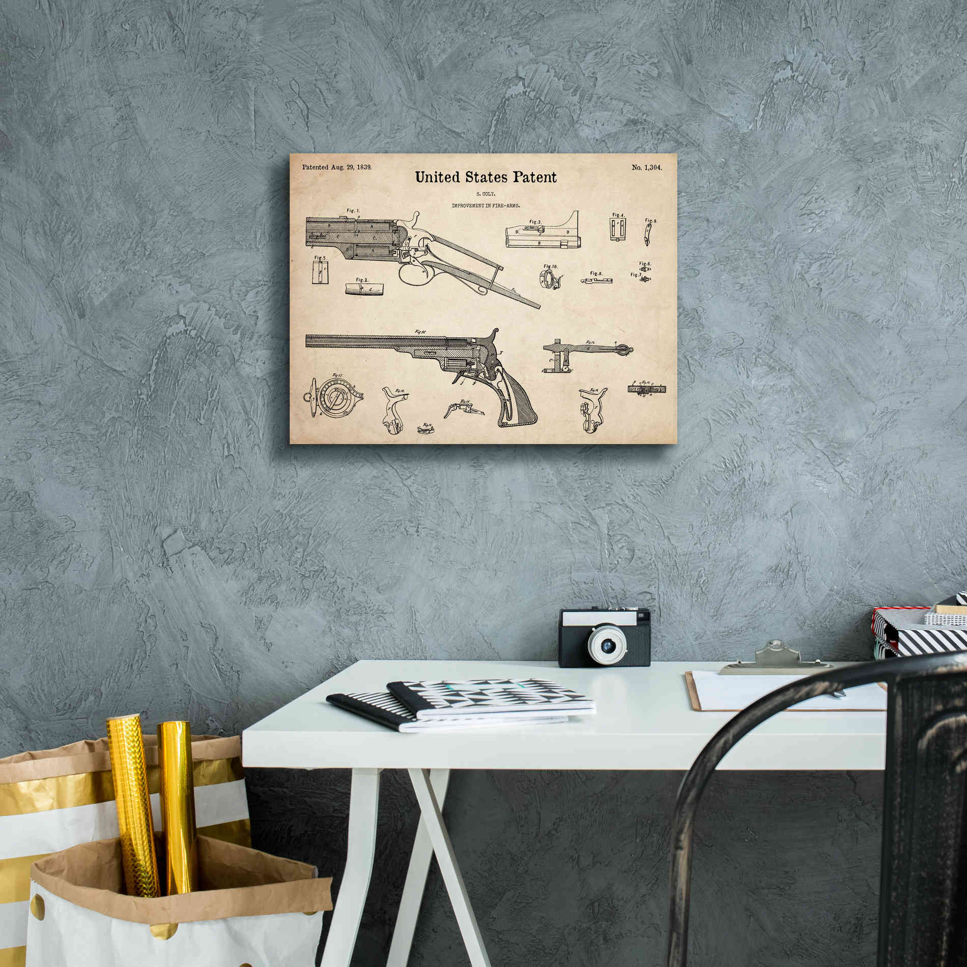 'Colt Revolver Blueprint Patent Parchment,' Canvas Wall Art,16 x 12