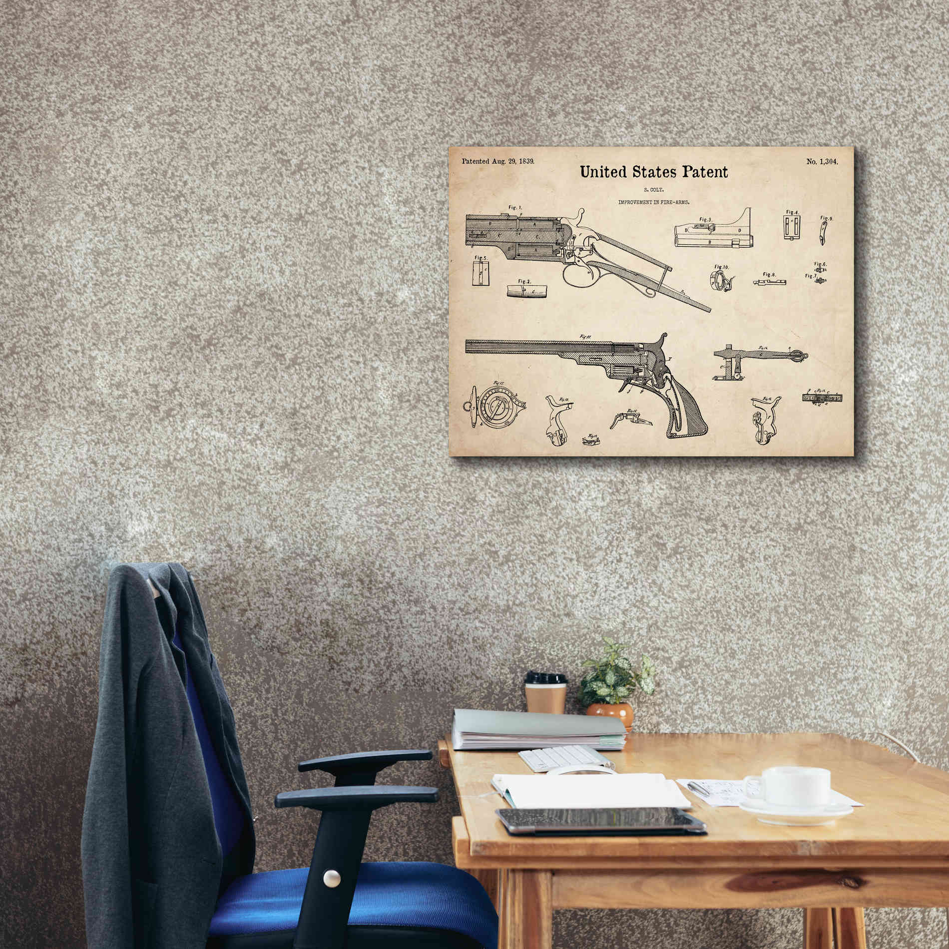 'Colt Revolver Blueprint Patent Parchment,' Canvas Wall Art,34 x 26