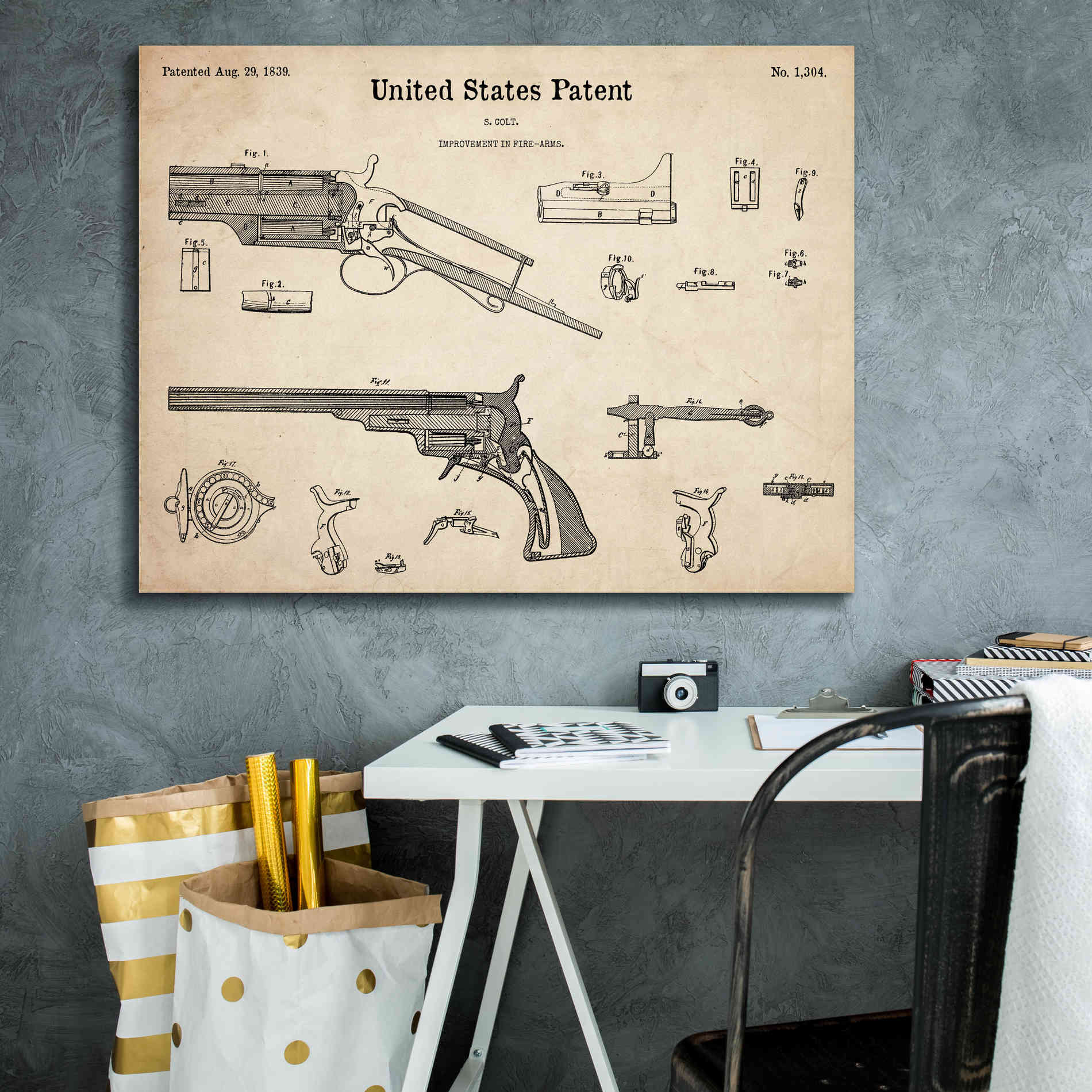 'Colt Revolver Blueprint Patent Parchment,' Canvas Wall Art,34 x 26