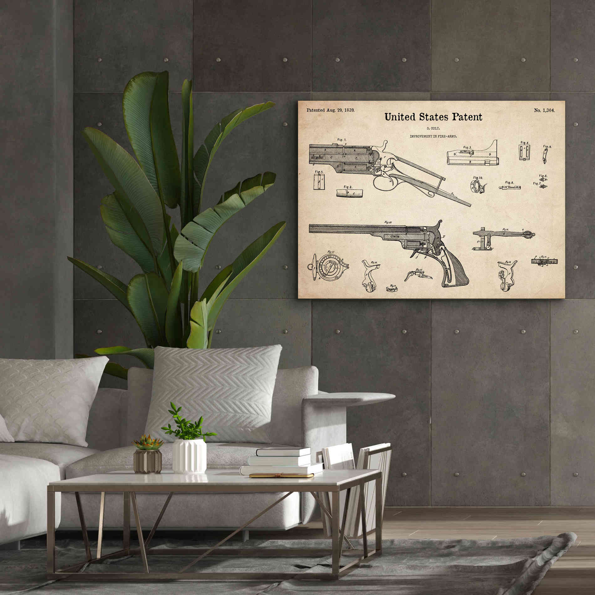 'Colt Revolver Blueprint Patent Parchment,' Canvas Wall Art,54 x 40