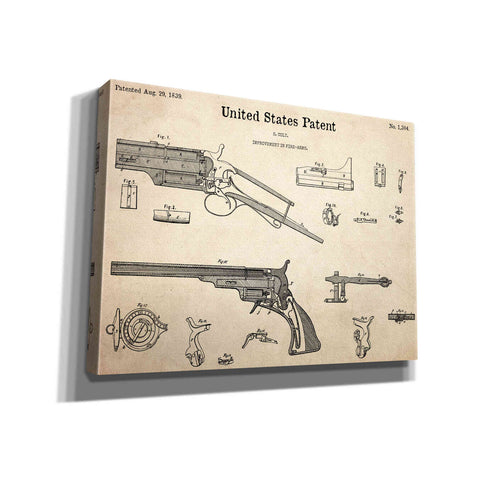 Image of 'Colt Revolver Blueprint Patent Parchment,' Canvas Wall Art,16x12x1.1x0,26x18x1.1x0,34x26x1.74x0,54x40x1.74x0