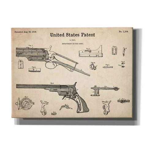 Image of 'Colt Revolver Blueprint Patent Parchment,' Canvas Wall Art,16x12x1.1x0,26x18x1.1x0,34x26x1.74x0,54x40x1.74x0