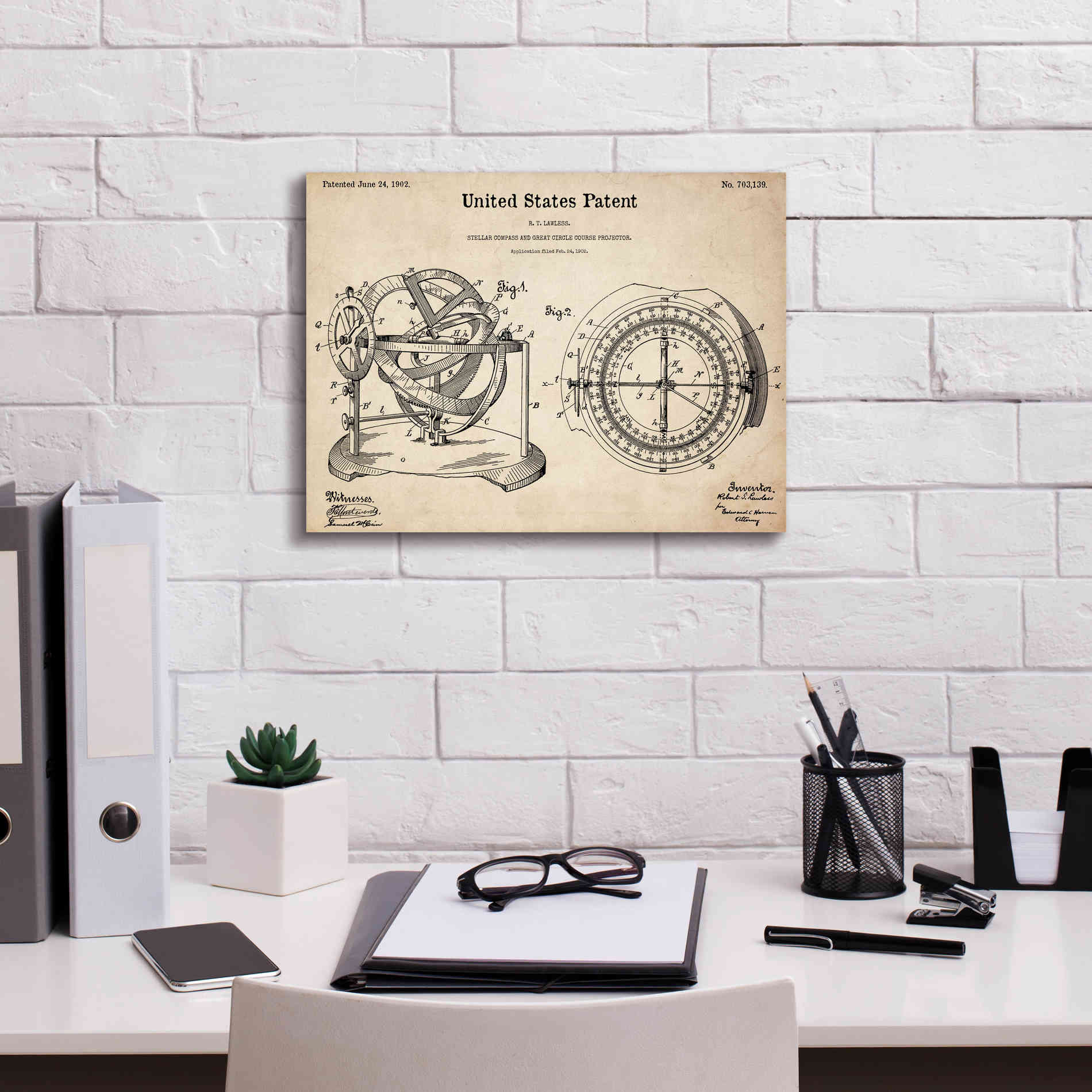 'Stellar Compass Blueprint Patent Parchment,' Canvas Wall Art,16 x 12