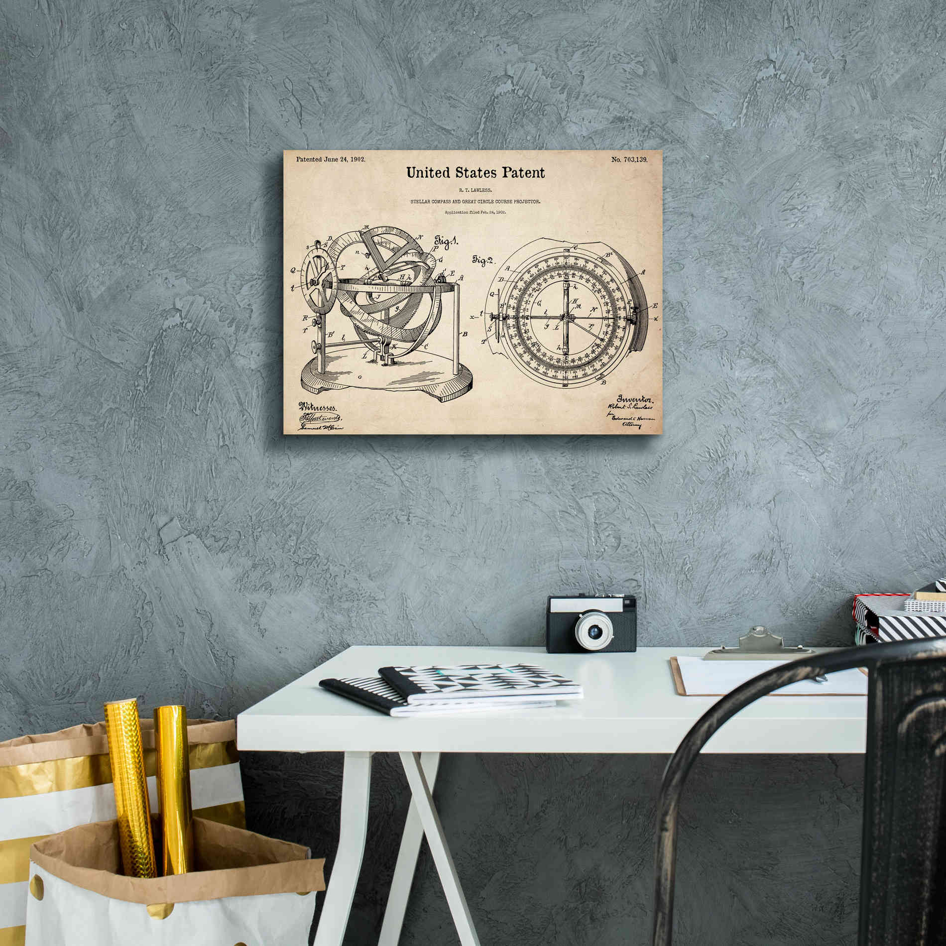 'Stellar Compass Blueprint Patent Parchment,' Canvas Wall Art,16 x 12