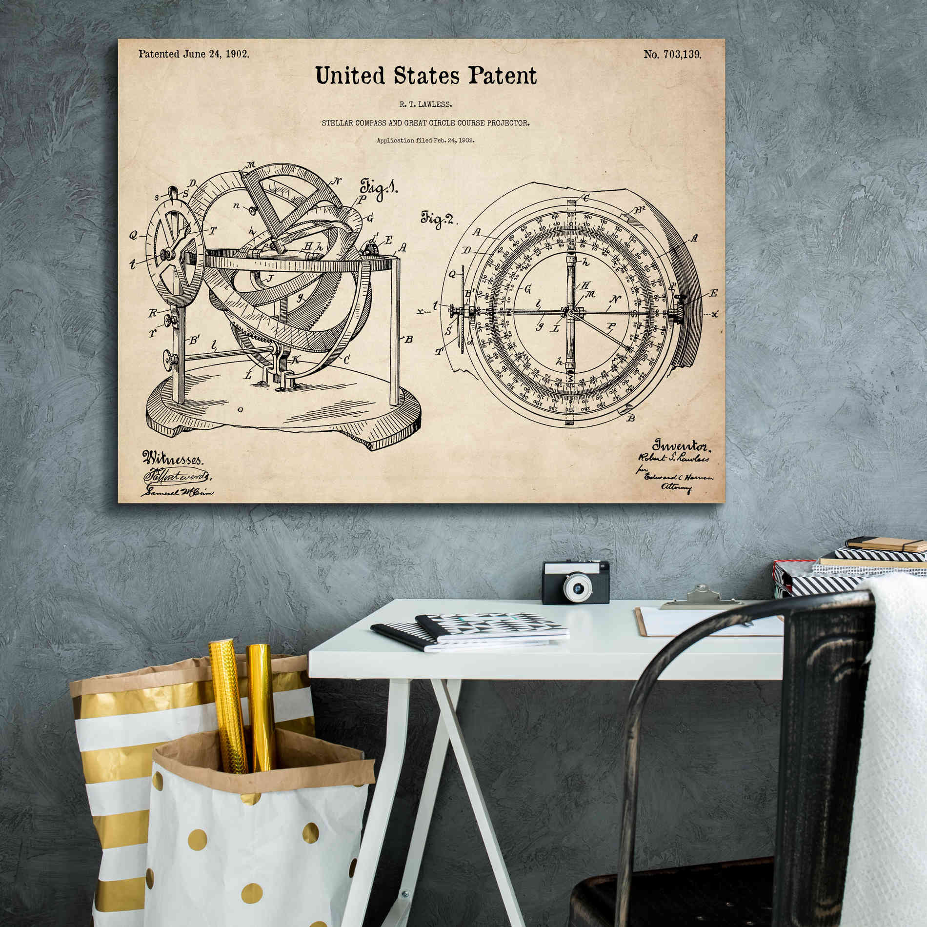 'Stellar Compass Blueprint Patent Parchment,' Canvas Wall Art,34 x 26