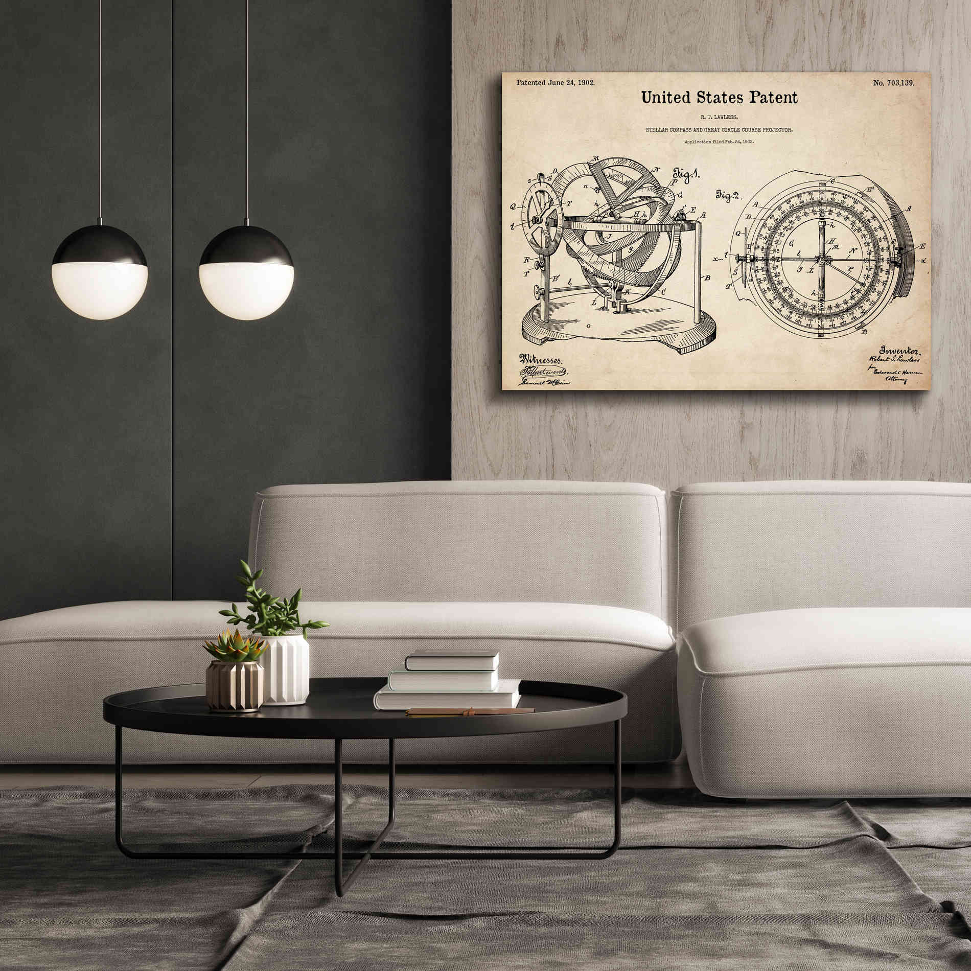 'Stellar Compass Blueprint Patent Parchment,' Canvas Wall Art,54 x 40