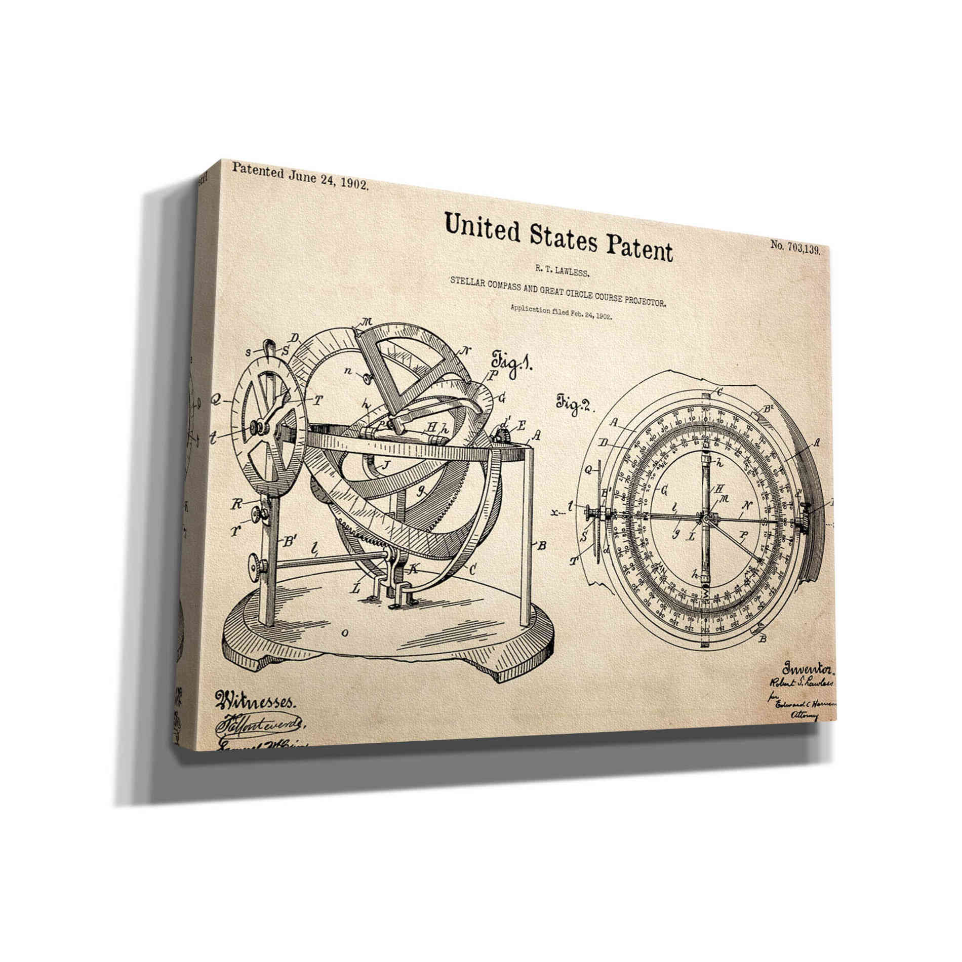 'Stellar Compass Blueprint Patent Parchment,' Canvas Wall Art,16x12x1.1x0,26x18x1.1x0,34x26x1.74x0,54x40x1.74x0