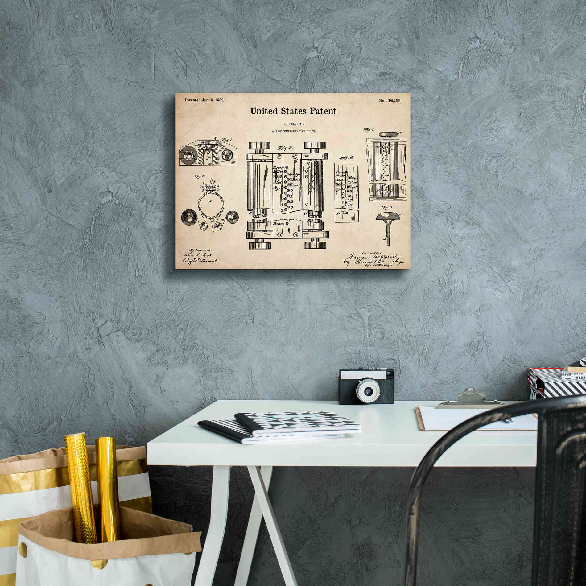 'Tubular Machine Blueprint Patent Parchment,' Canvas Wall Art,16 x 12