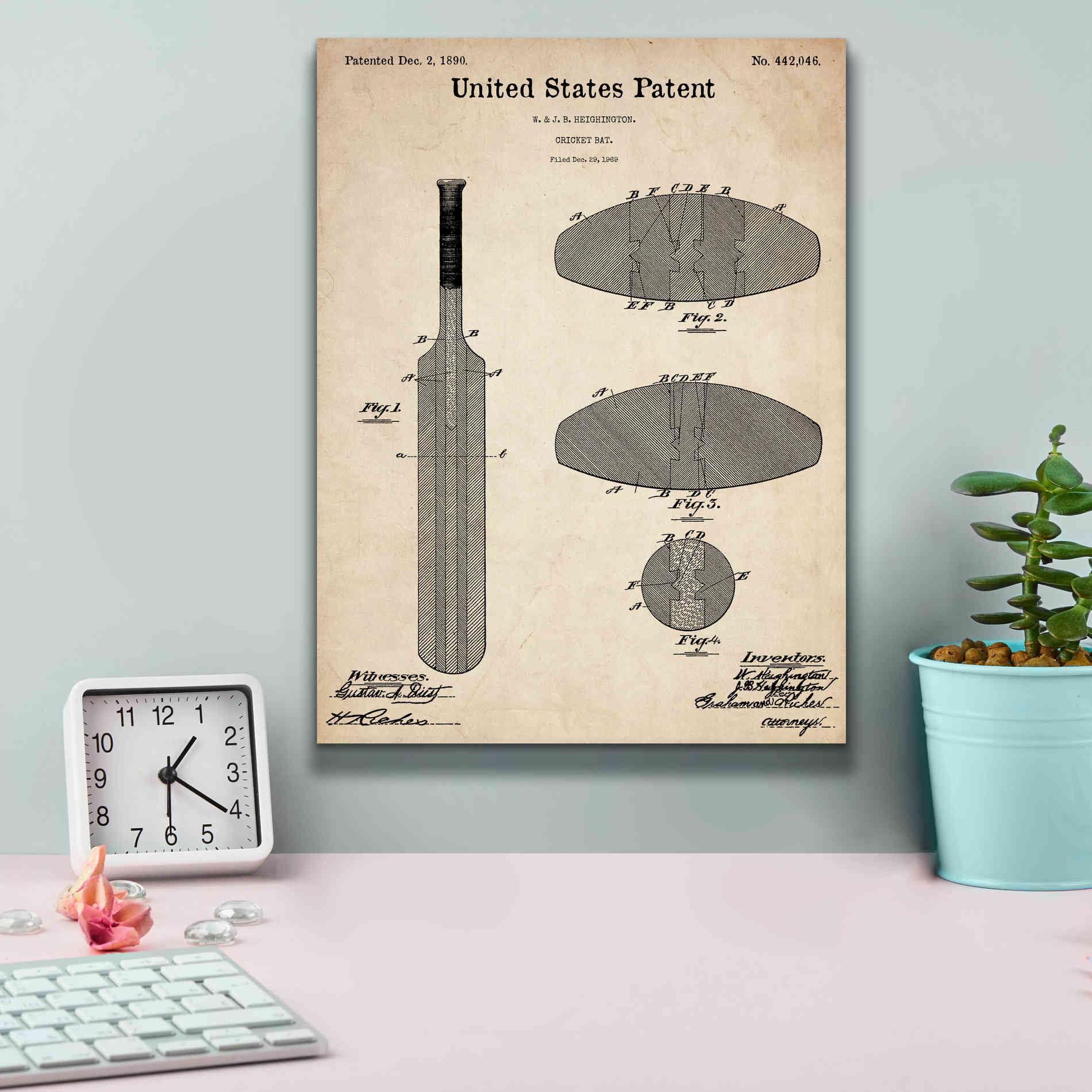 'Cricket Bat Blueprint Patent Parchment,' Canvas Wall Art,12 x 16