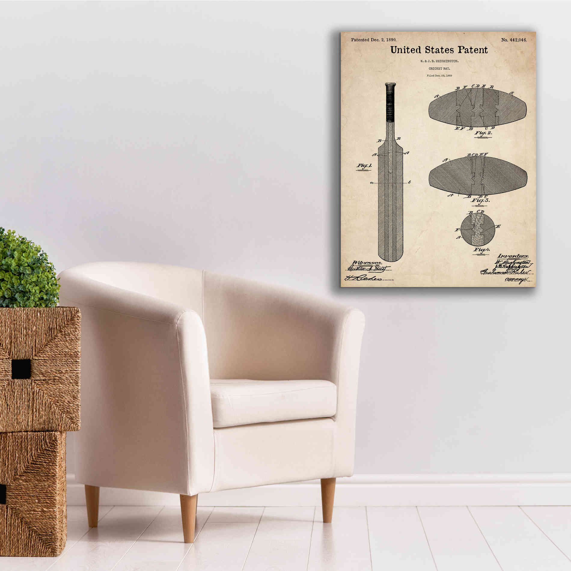 'Cricket Bat Blueprint Patent Parchment,' Canvas Wall Art,26 x 34