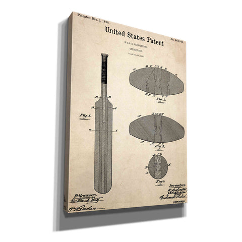 Image of 'Cricket Bat Blueprint Patent Parchment,' Canvas Wall Art,12x16x1.1x0,18x26x1.1x0,26x34x1.74x0,40x54x1.74x0